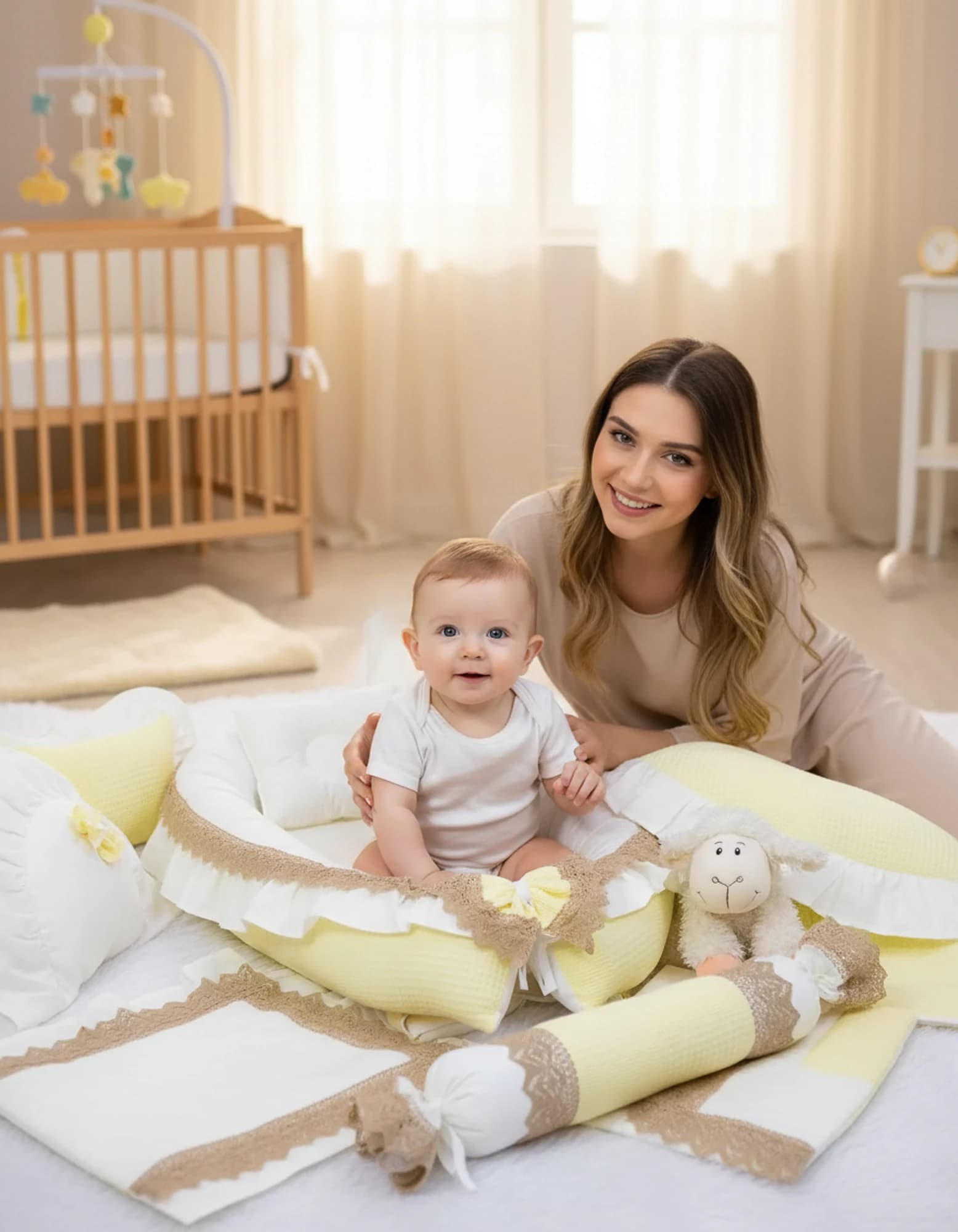 Full Ozel Set Firfirli Pike Ve Dantelli Sari