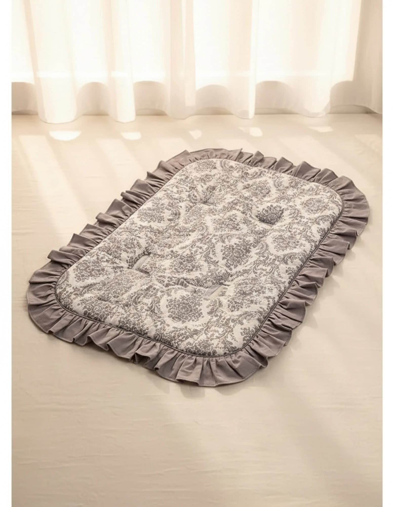 3lu Puset Ortusu - Puset Minderi - Puset Carsafi Model %100 Pamuk Cift Katli Firfirli Gri Elegant BabyNest görsel 3