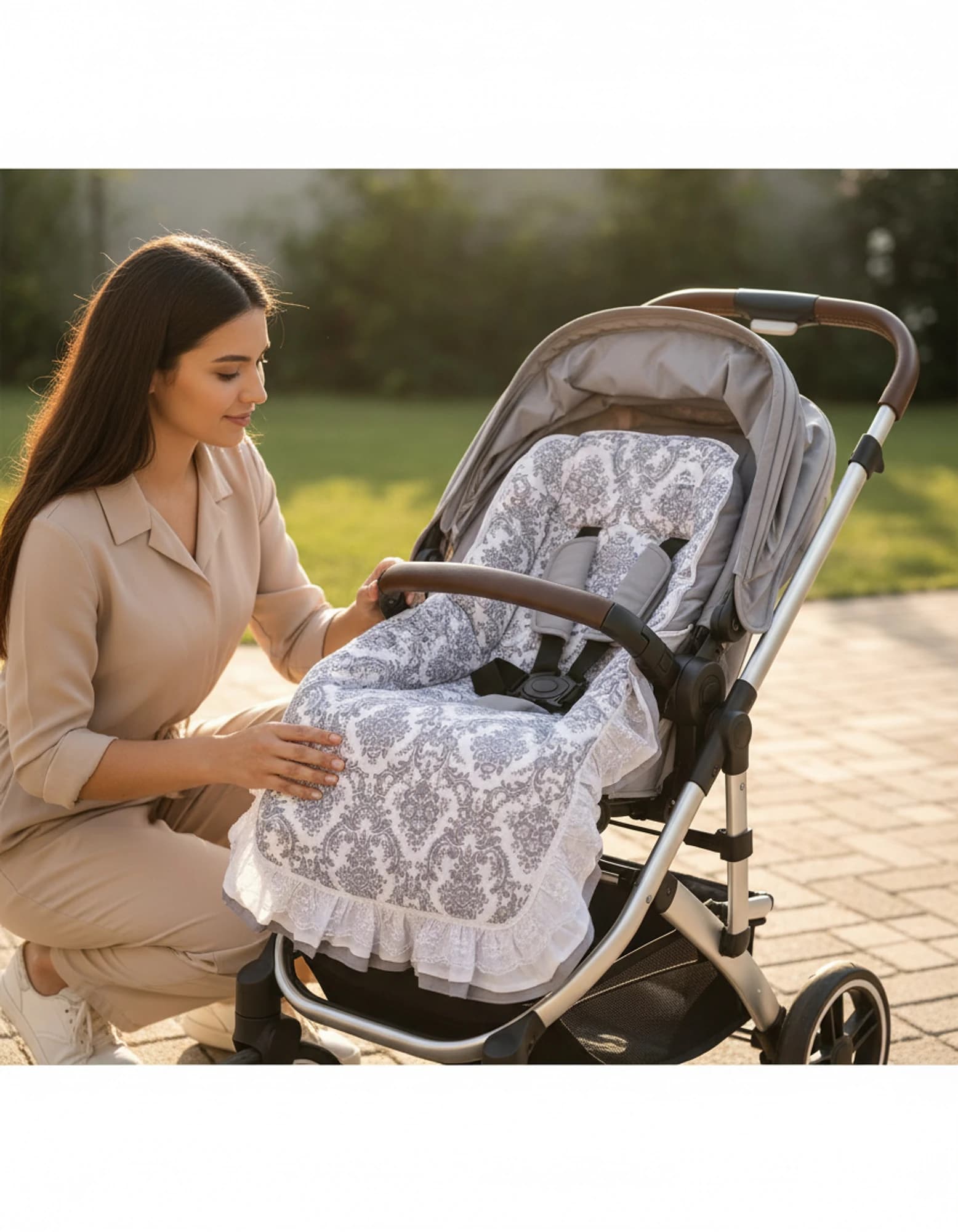 3lu Puset Ortusu - Puset Minderi - Puset Carsafi Model %100 Pamuk Cift Katli Firfirli Gri Elegant BabyNest görsel 5