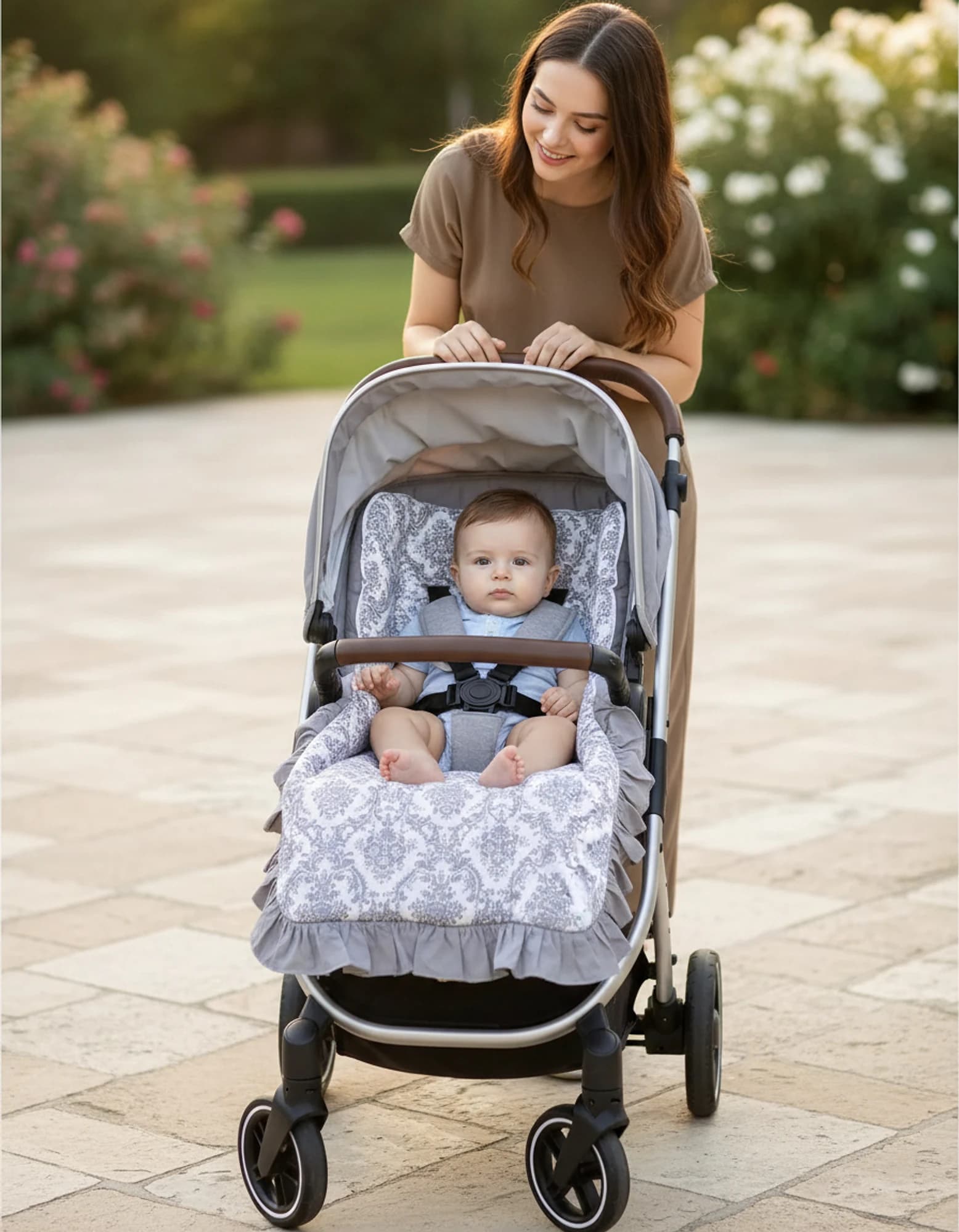 3lu Puset Ortusu - Puset Minderi - Puset Carsafi Model %100 Pamuk Cift Katli Firfirli Gri Elegant BabyNest görsel 6