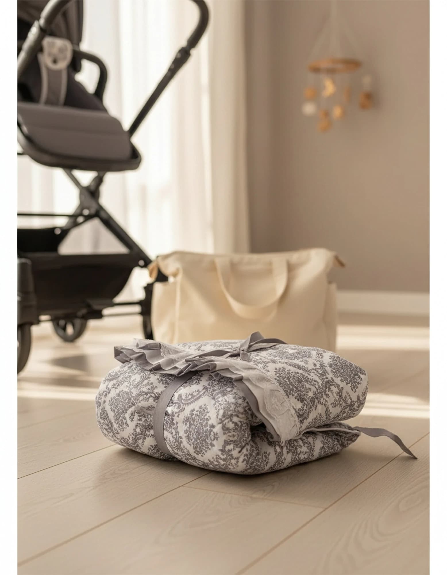 3lu Puset Ortusu - Puset Minderi - Puset Carsafi Model %100 Pamuk Cift Katli Firfirli Gri Elegant BabyNest görsel 7