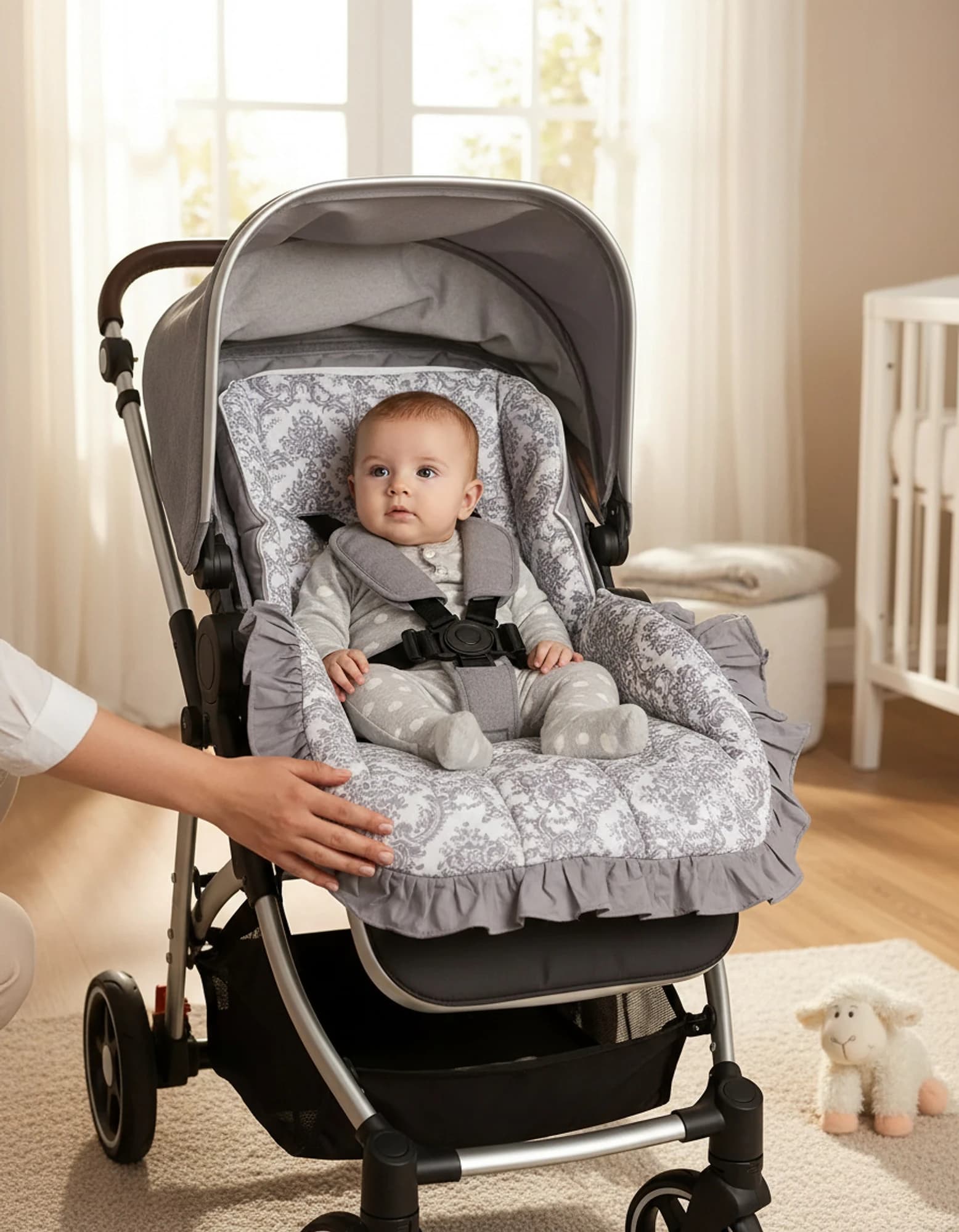 3lu Puset Ortusu - Puset Minderi - Puset Carsafi Model %100 Pamuk Cift Katli Firfirli Gri Elegant BabyNest görsel 9