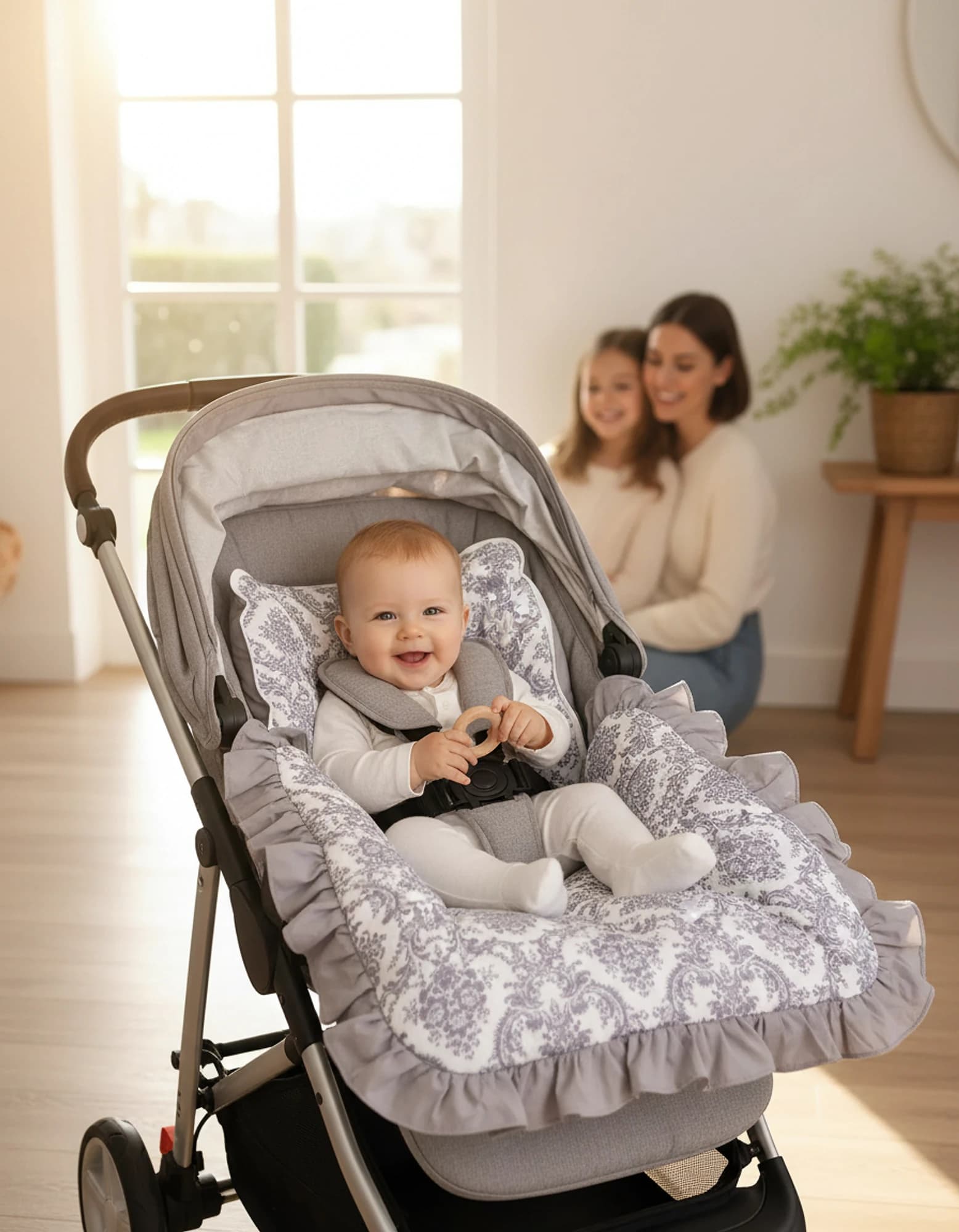 3lu Puset Ortusu - Puset Minderi - Puset Carsafi Model %100 Pamuk Cift Katli Firfirli Gri Elegant BabyNest görsel 10