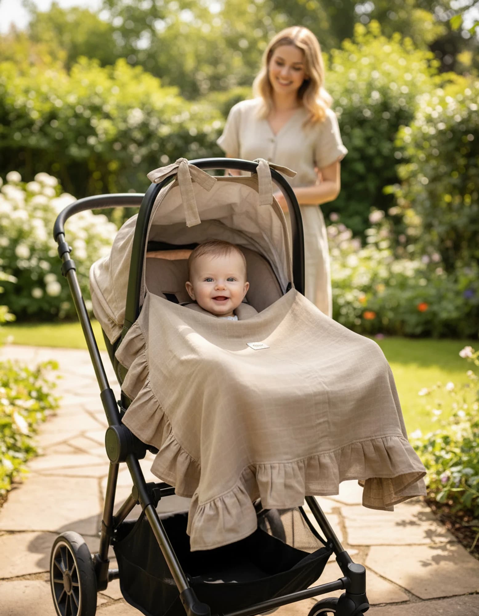 Puset Ortusu/Bebek Arabasi Ortusu %100 Pamuk Muslin Bej Firfirli BabyNest görsel 6