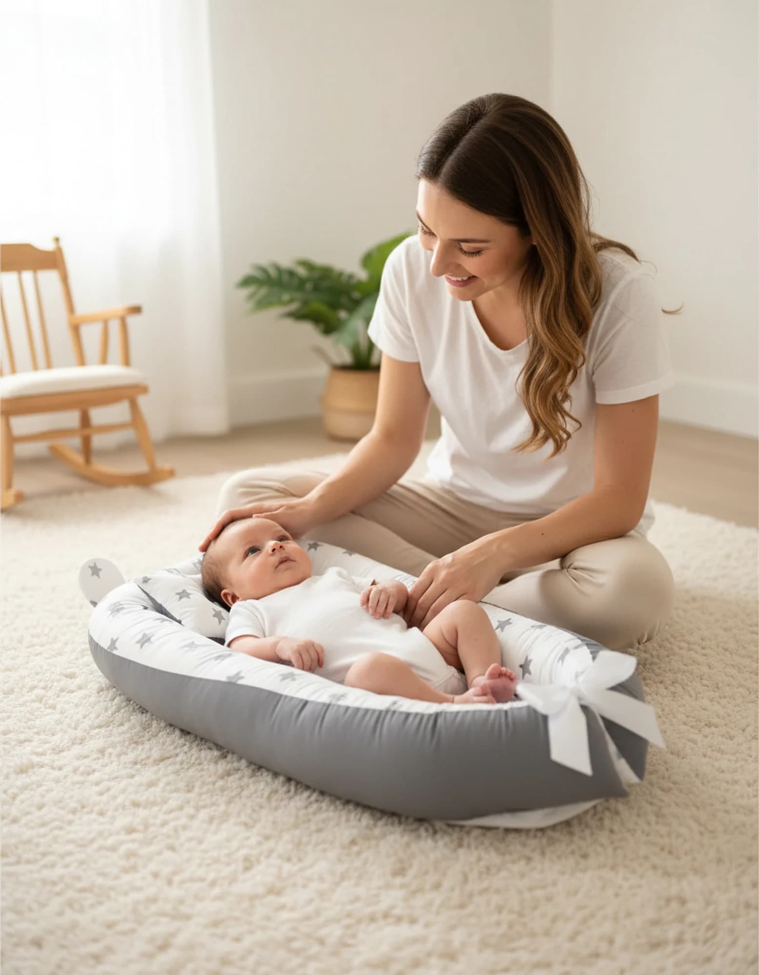 Bebek Yatak Ve Ortopedik Yastik Gri zemin ve gri yıldızlı BabyNest görsel 2