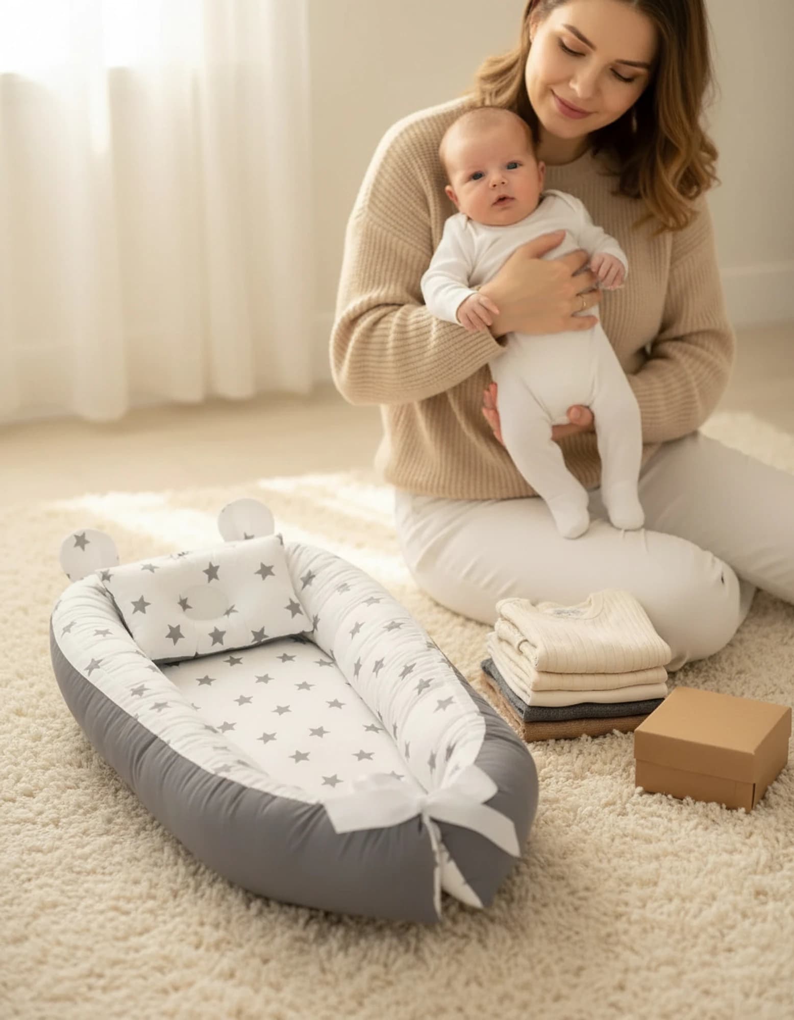 Bebek Yatak Ve Ortopedik Yastik Gri zemin ve gri yıldızlı BabyNest görsel 6