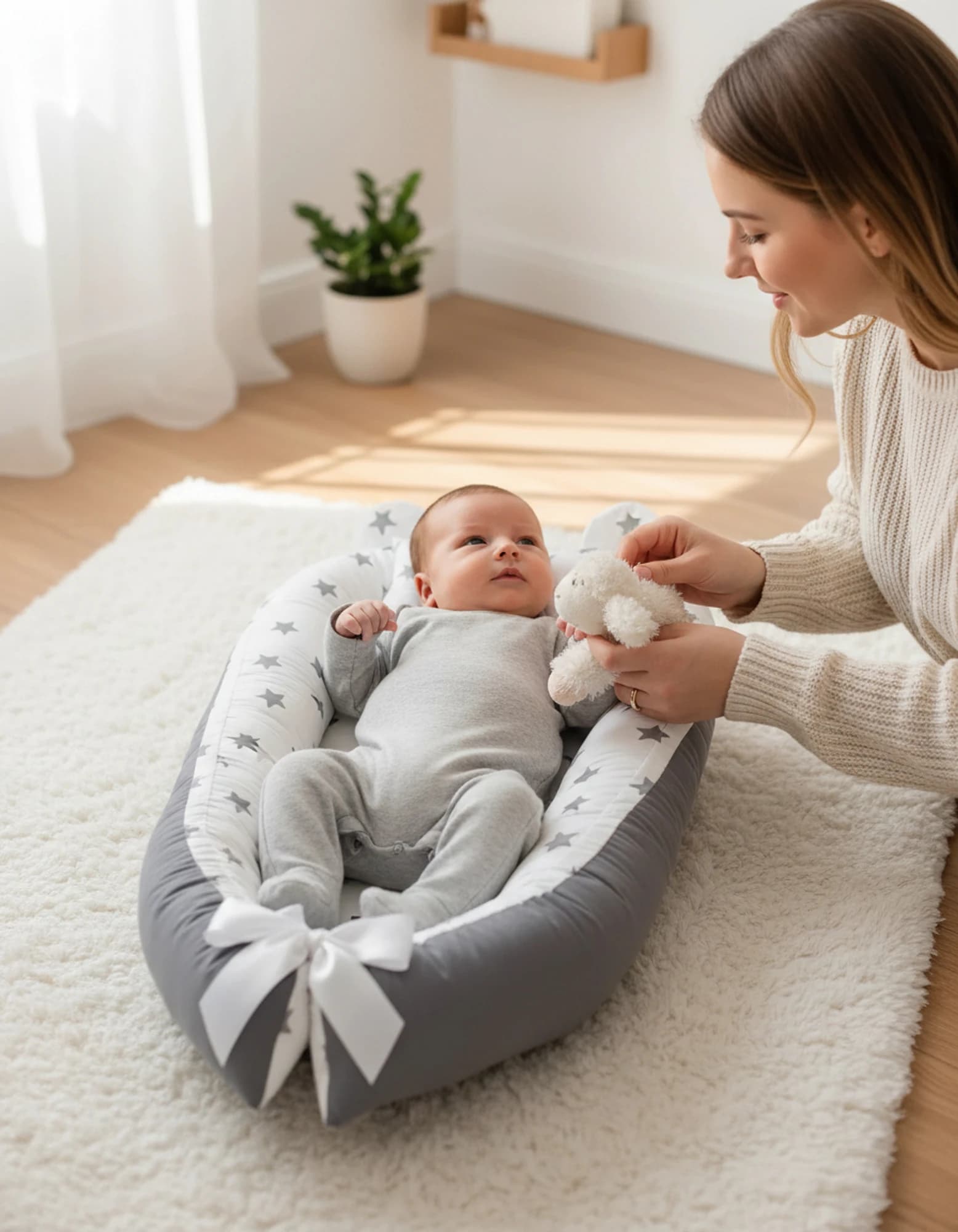 Bebek Yatak Ve Ortopedik Yastik Gri zemin ve gri yıldızlı BabyNest görsel 7