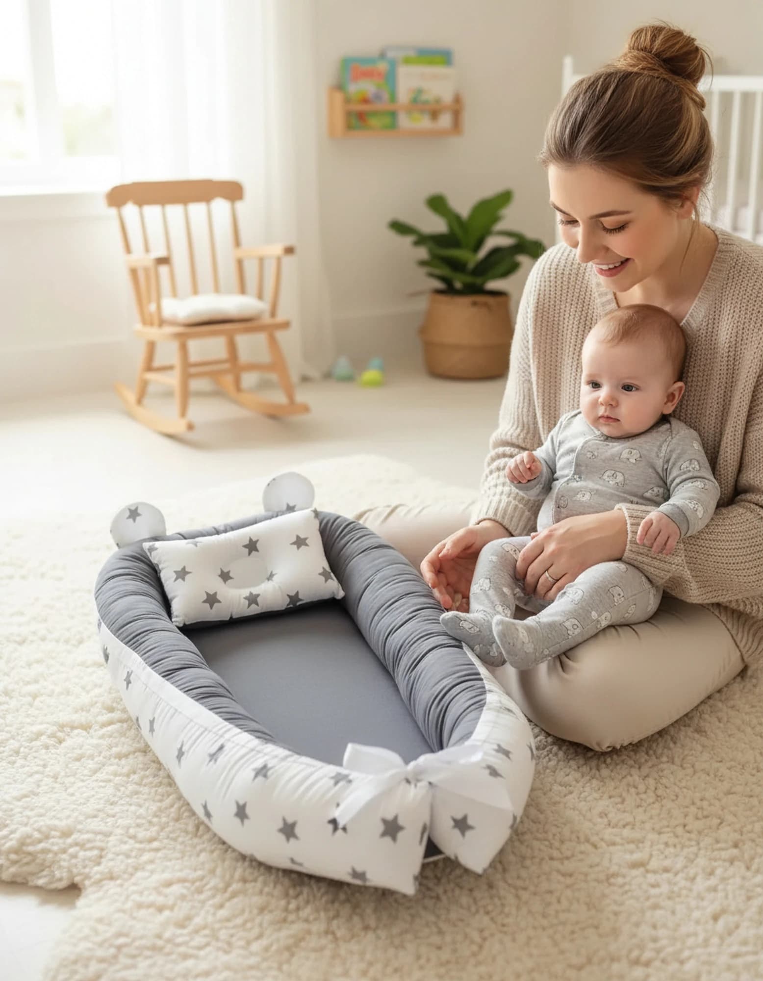 Bebek Yatak Ve Ortopedik Yastik Gri zemin ve gri yıldızlı BabyNest görsel 8