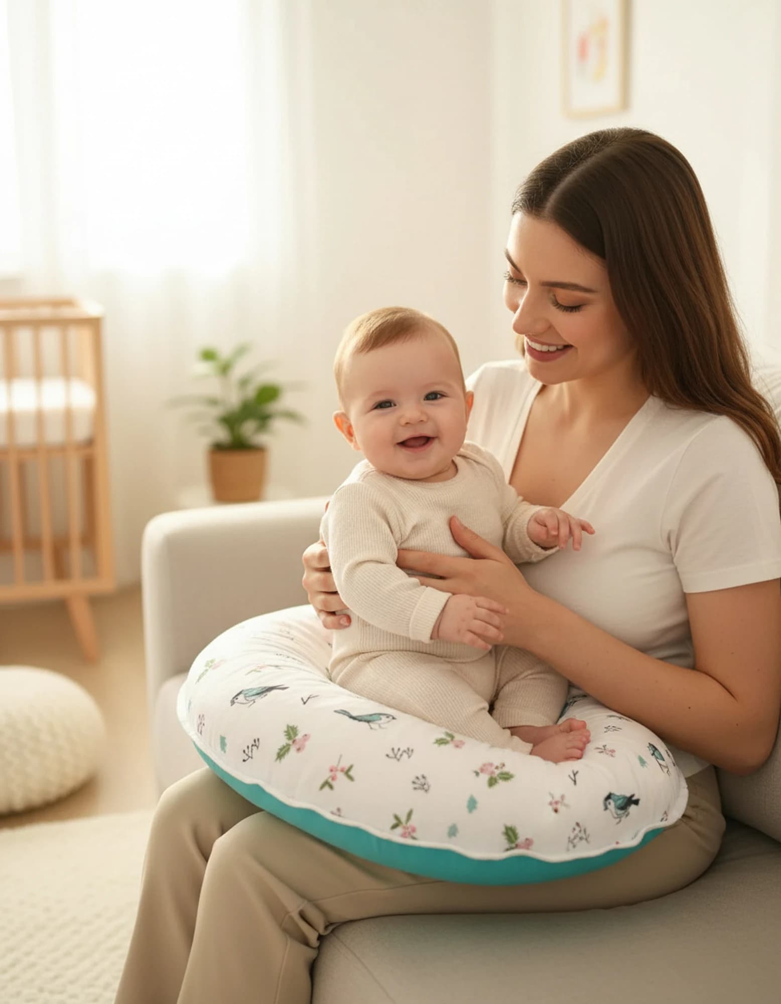 Emzirme Yastigi Ve Destek Minderi Muslin Kus Desen Ve Turkuaz Poplin(beyaz Biyeli)