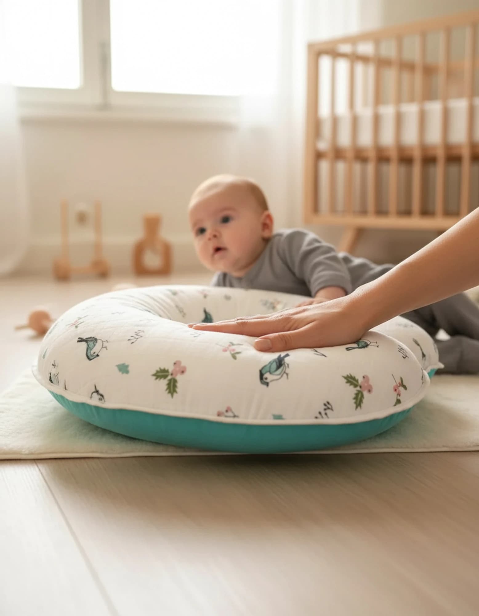 Emzirme Yastigi Ve Destek Minderi Muslin Kus Desen Ve Turkuaz Poplin(beyaz Biyeli)