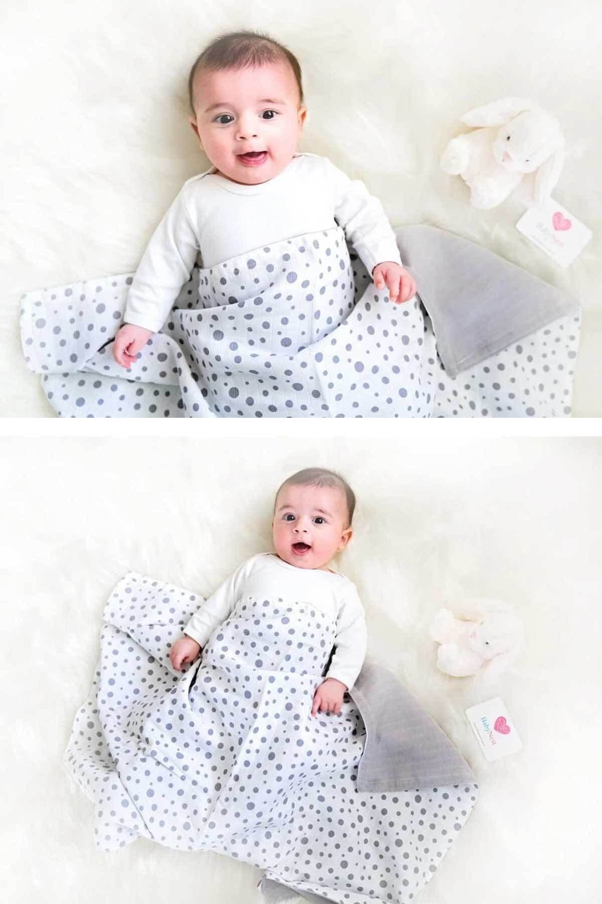 Muslin Ortu Cift Katli Puantiye Desen Ve Duz Gri