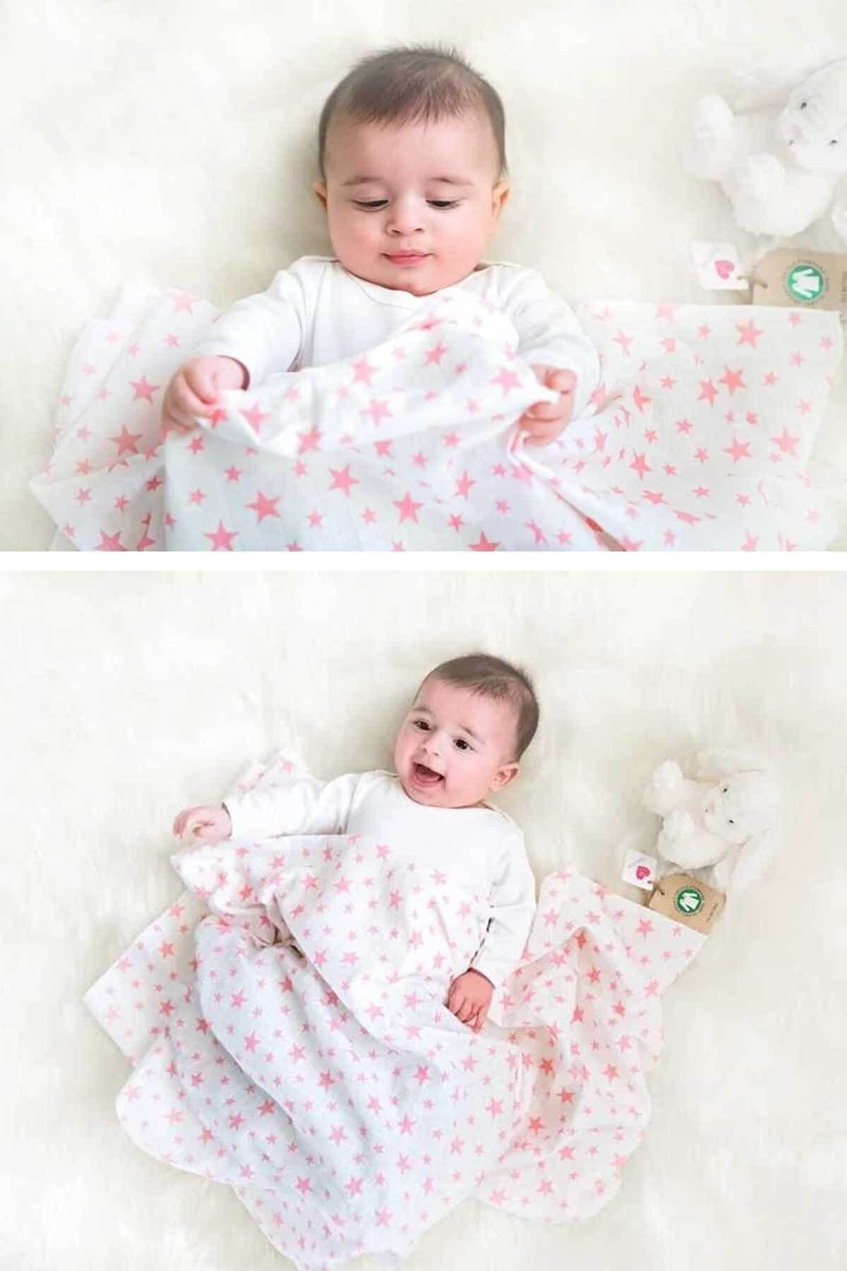 Muslin Ortu Cift Katli Pembe Yildiz Desen Ve Duz