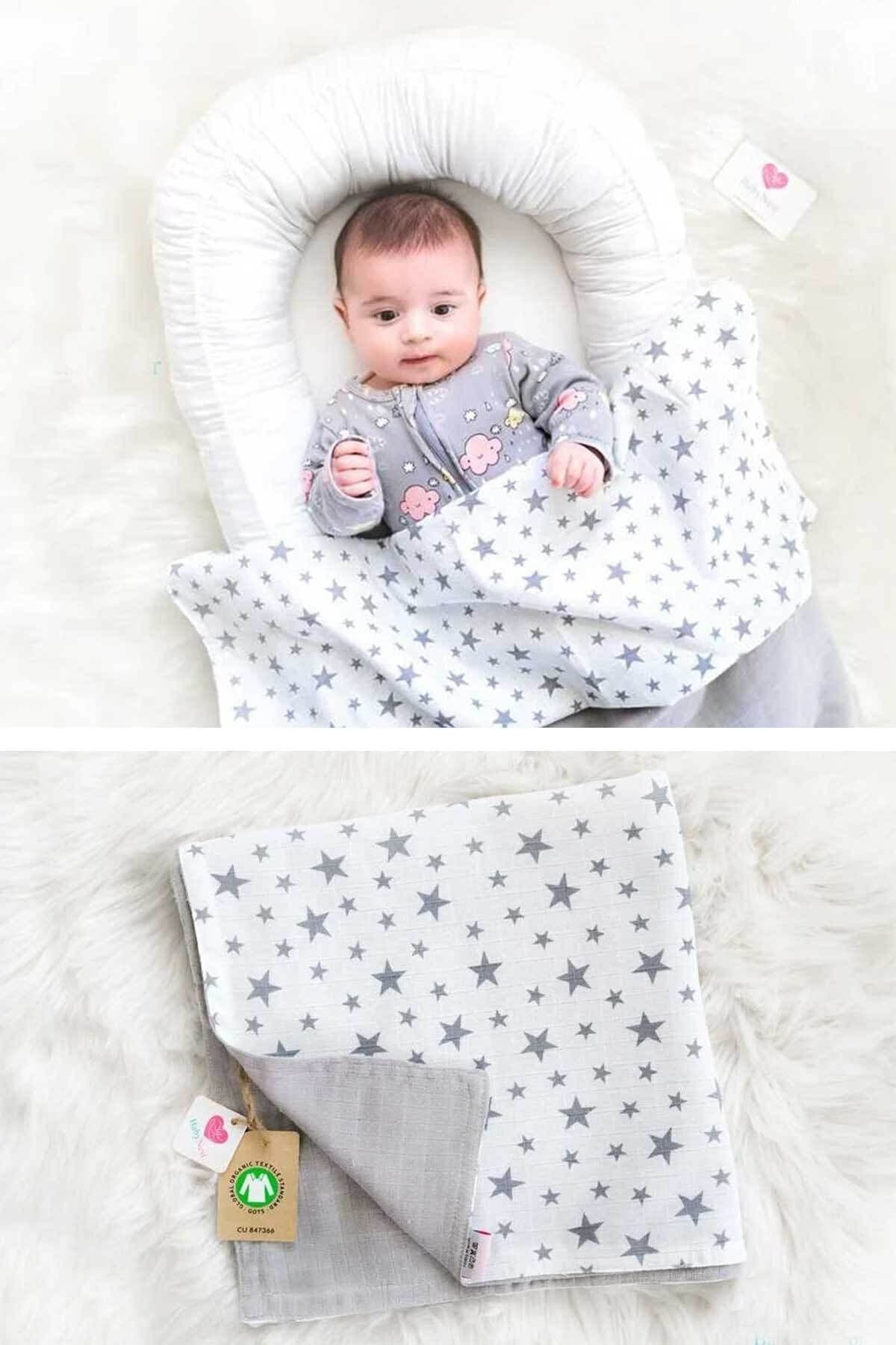 Muslin Ortu Cift Katli Gri Yildiz Desen Ve Gri Beyaz
