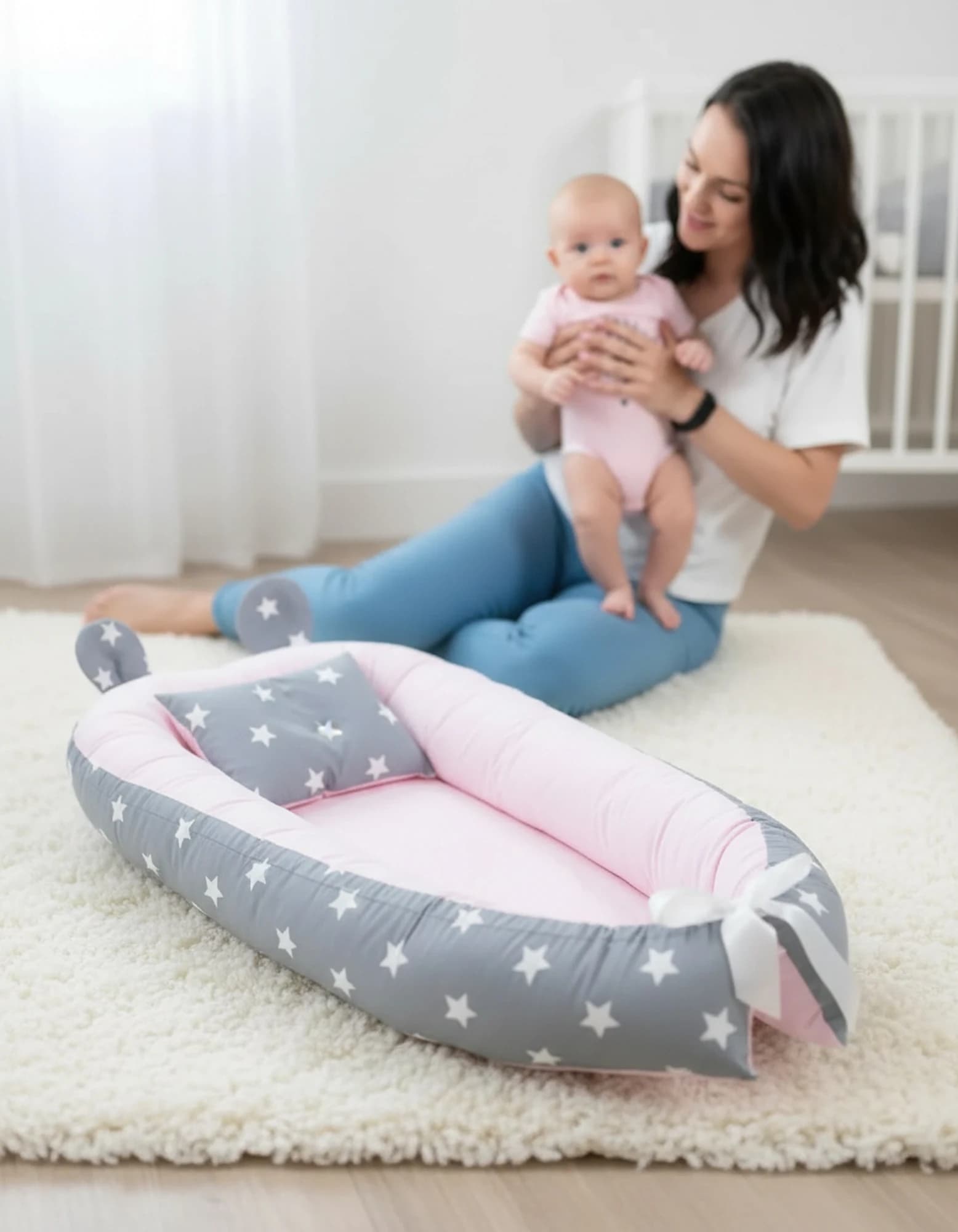 Yatak Ortopedik Yastik Emzirme Yastigi Pembe Ve Gri Yildiz Uc Urun Bir Arada