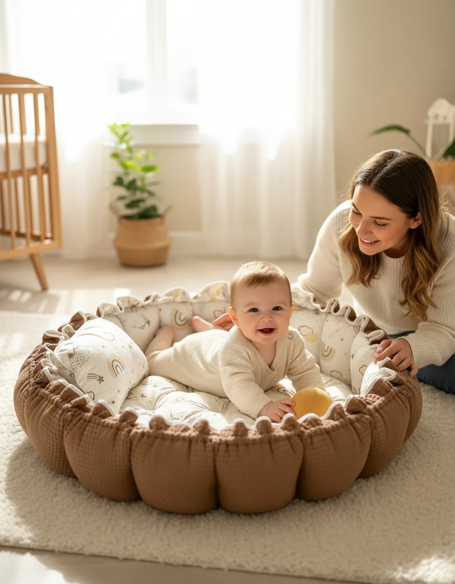 Yuvarlak Yatak/oyun Minderi Ve Yastigi Kahve Pike Gokkusagi BabyNest görsel 2