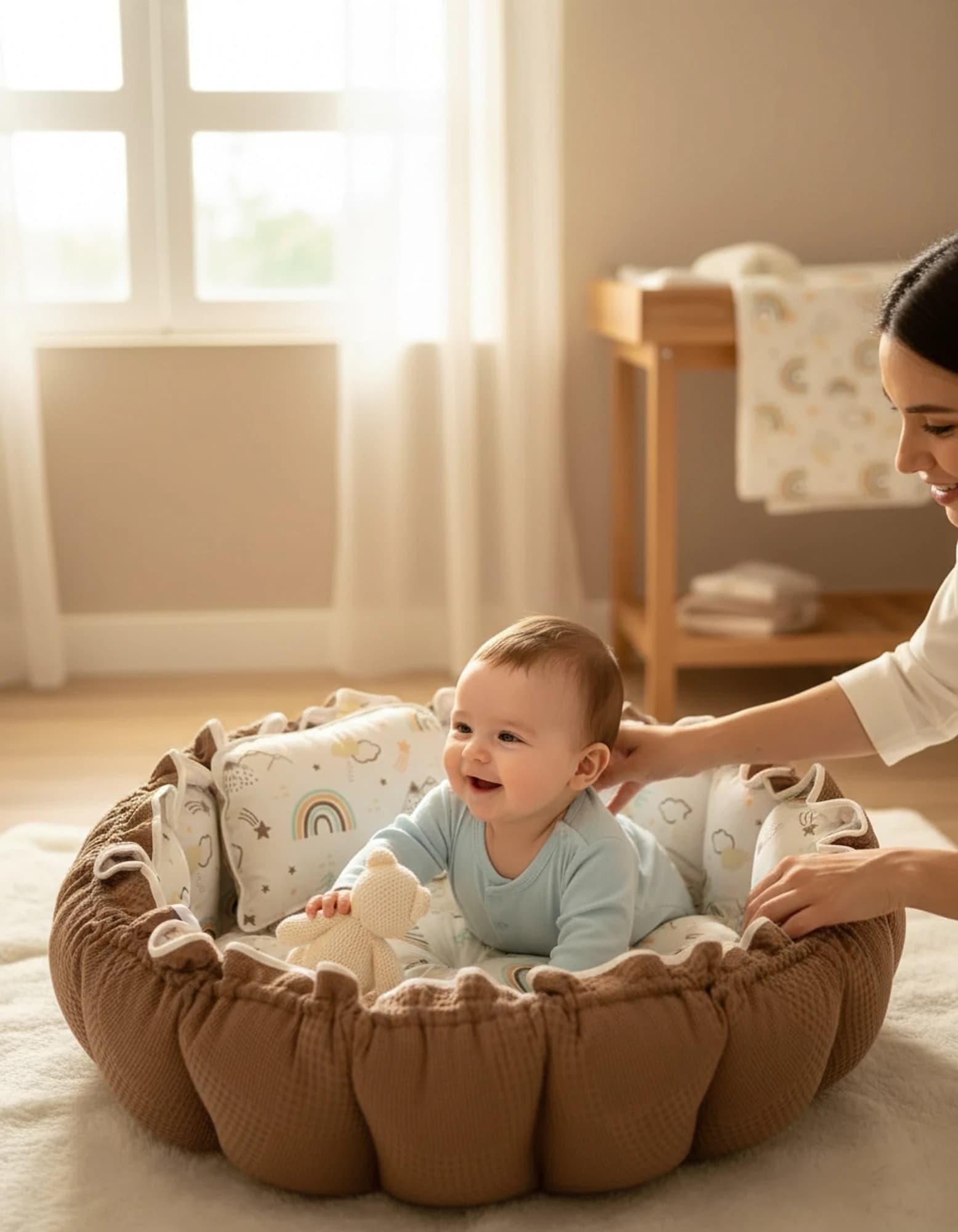 Yuvarlak Yatak/oyun Minderi Ve Yastigi Kahve Pike Gokkusagi BabyNest görsel 5