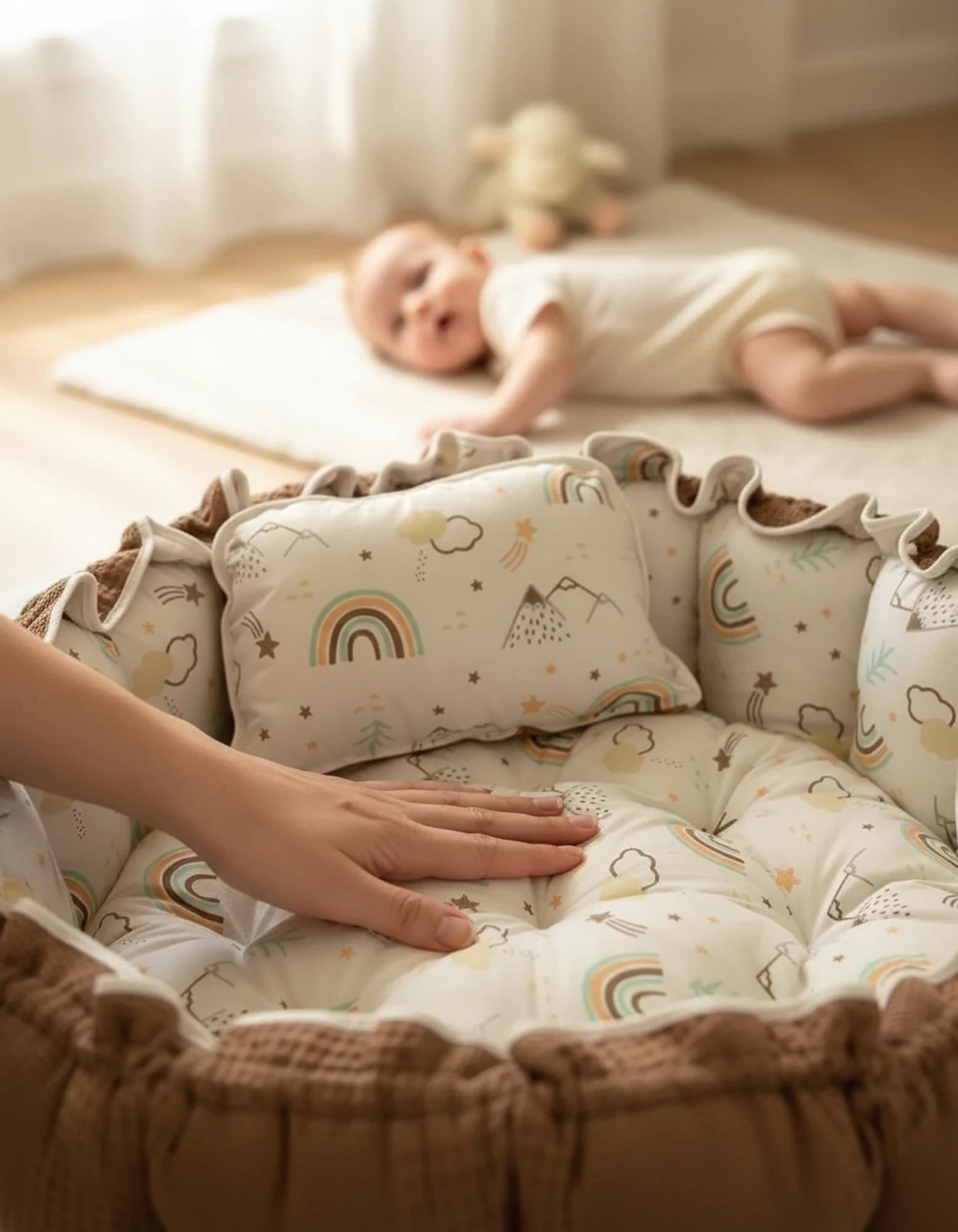 Yuvarlak Yatak/oyun Minderi Ve Yastigi Kahve Pike Gokkusagi BabyNest görsel 6