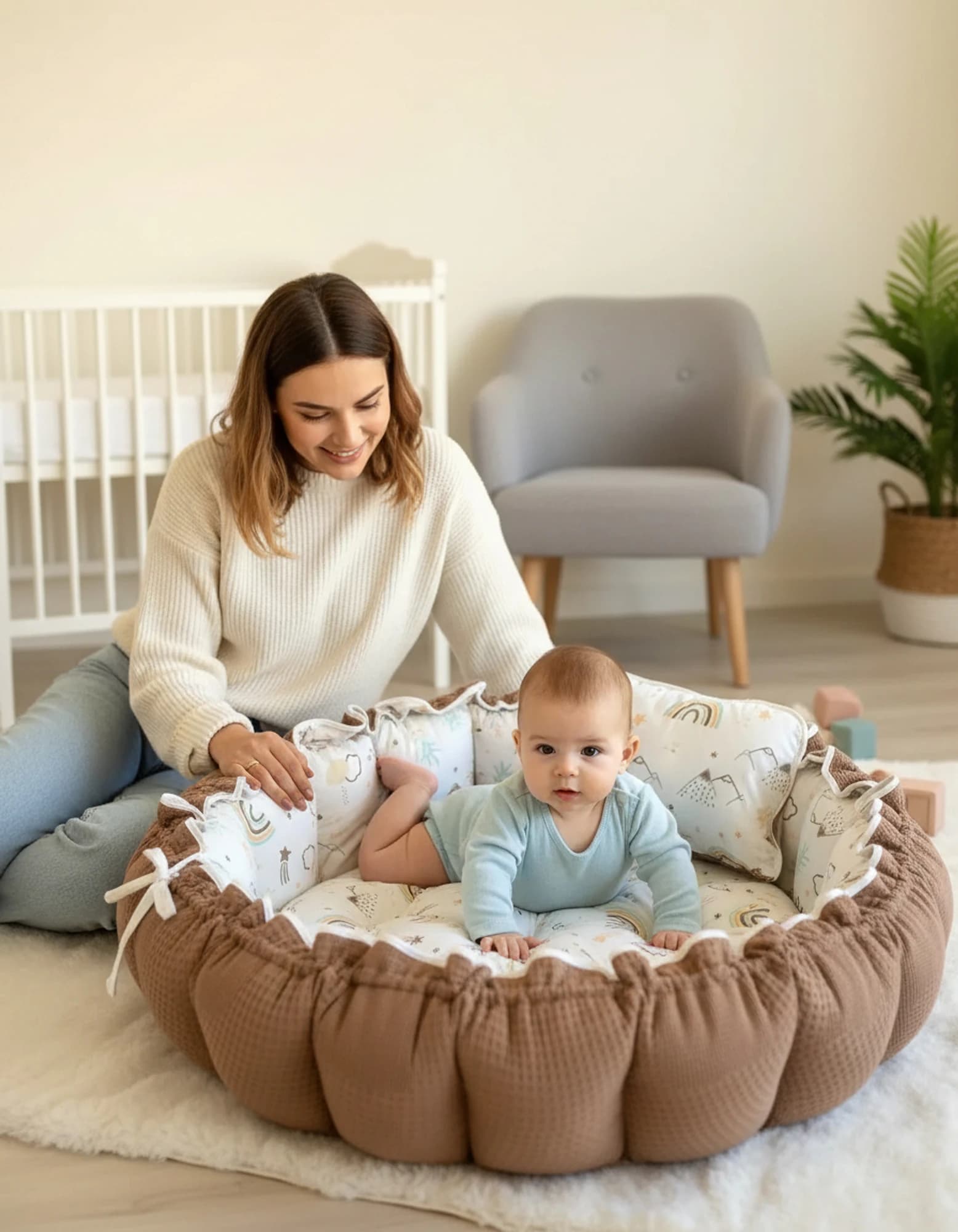 Yuvarlak Yatak/oyun Minderi Ve Yastigi Kahve Pike Gokkusagi BabyNest görsel 8