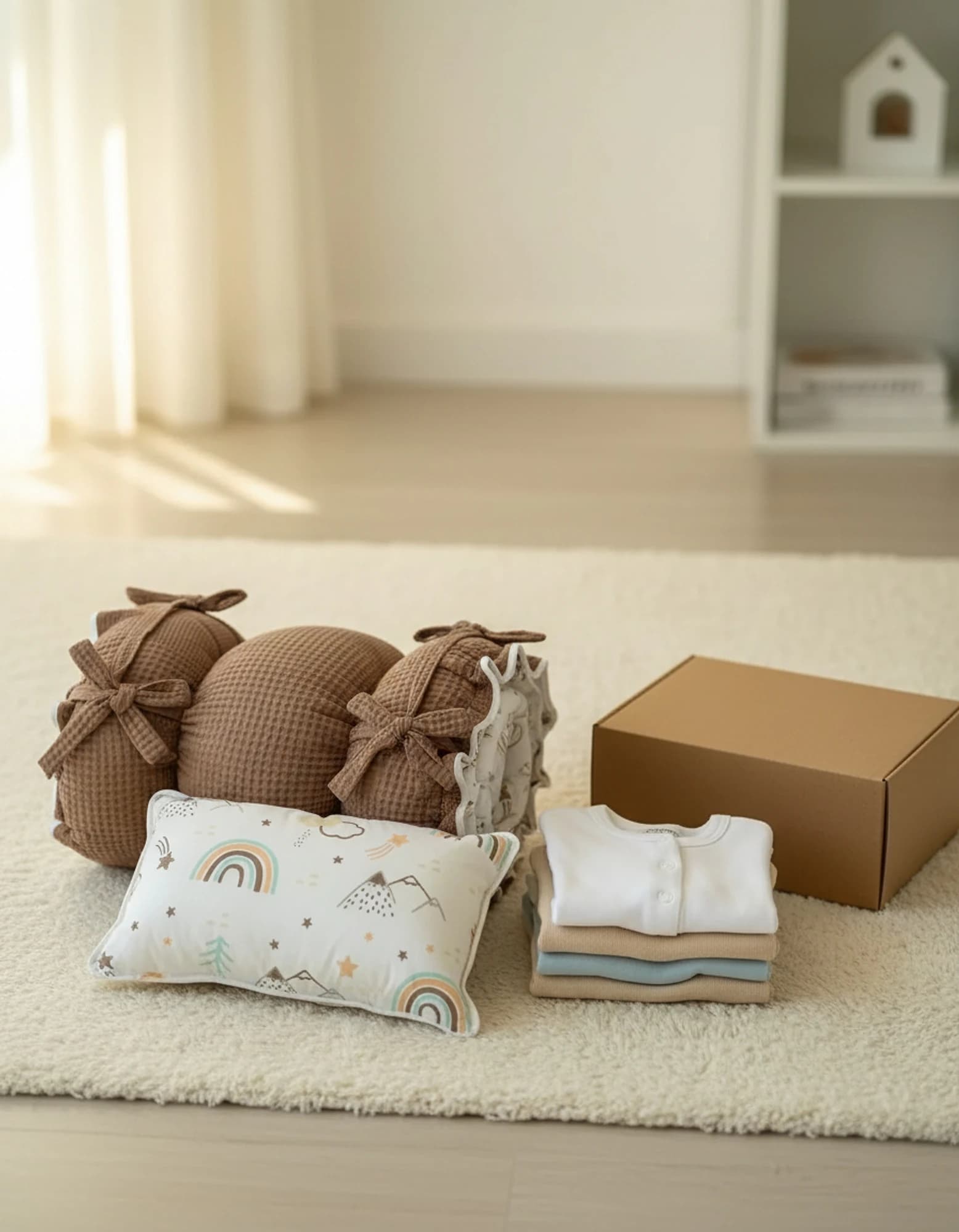 Yuvarlak Yatak/oyun Minderi Ve Yastigi Kahve Pike Gokkusagi BabyNest görsel 10