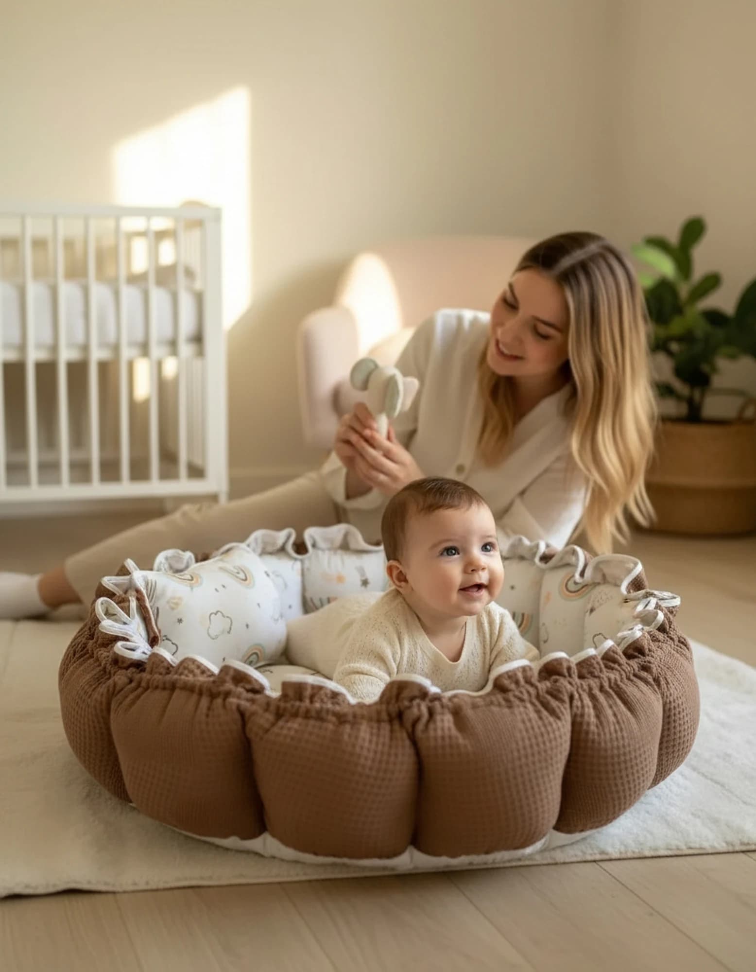 Yuvarlak Yatak/oyun Minderi Ve Yastigi Kahve Pike Gokkusagi BabyNest görsel 11