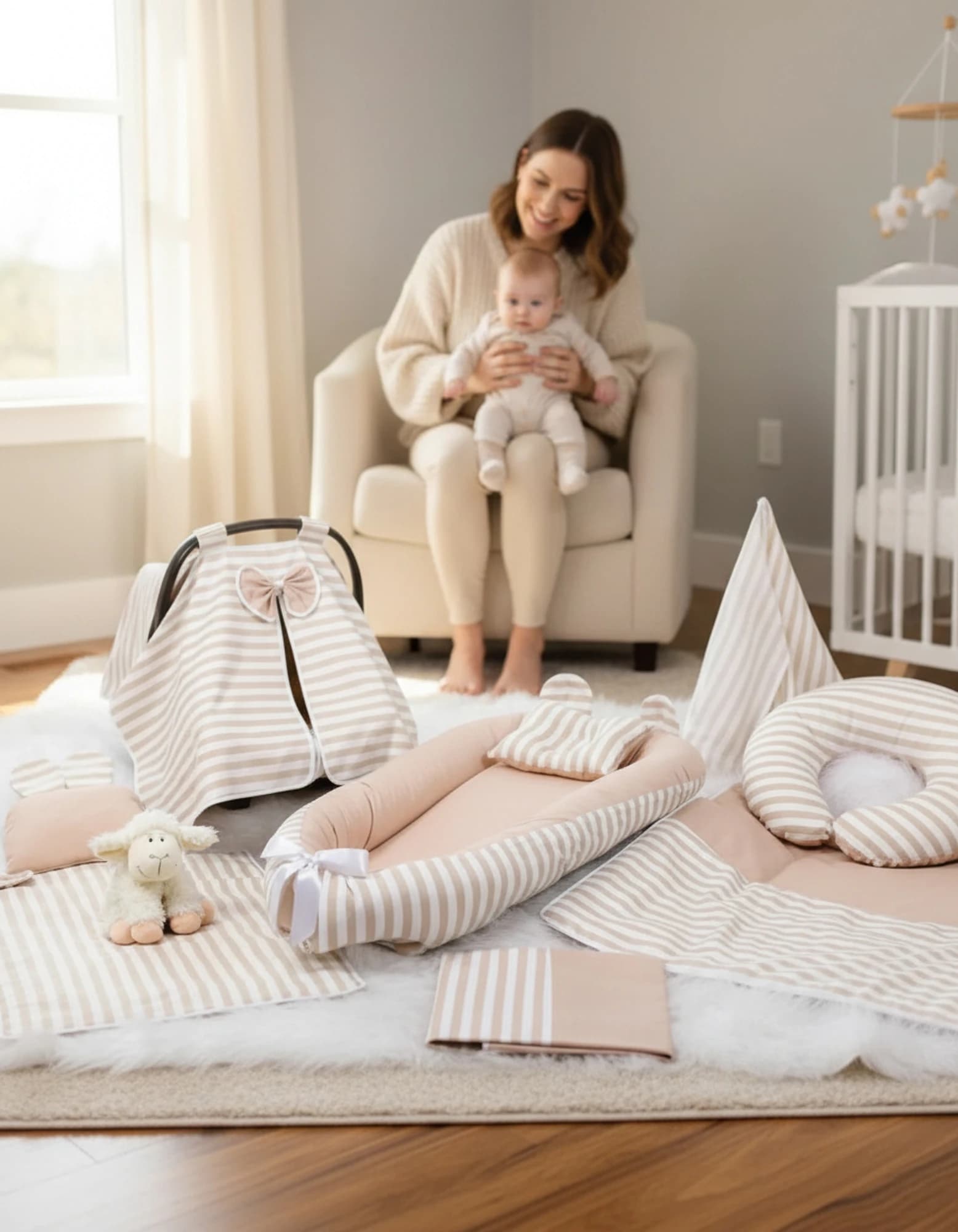 Full Set 9 Parca Bebek Ihtiyac Seti Bej Ve Krem Cizgili BabyNest görsel 8