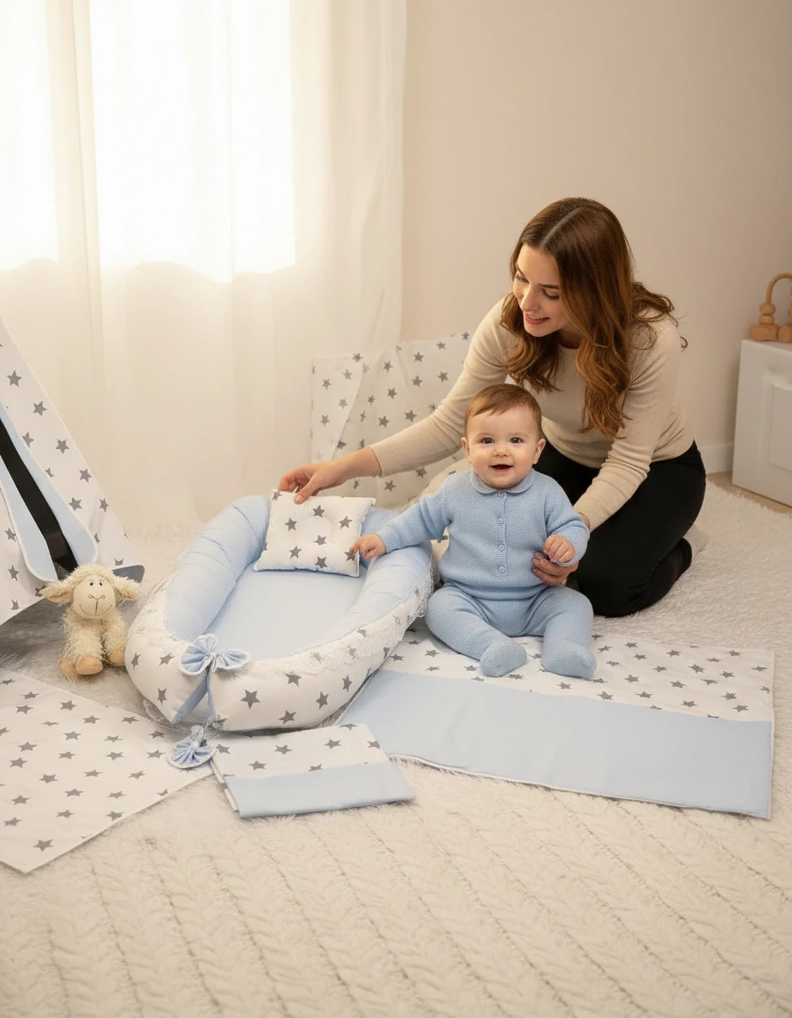 Full Set 9 Parca Ihtiyac Urunleri Duz Mavi Ve Gri Yildiz