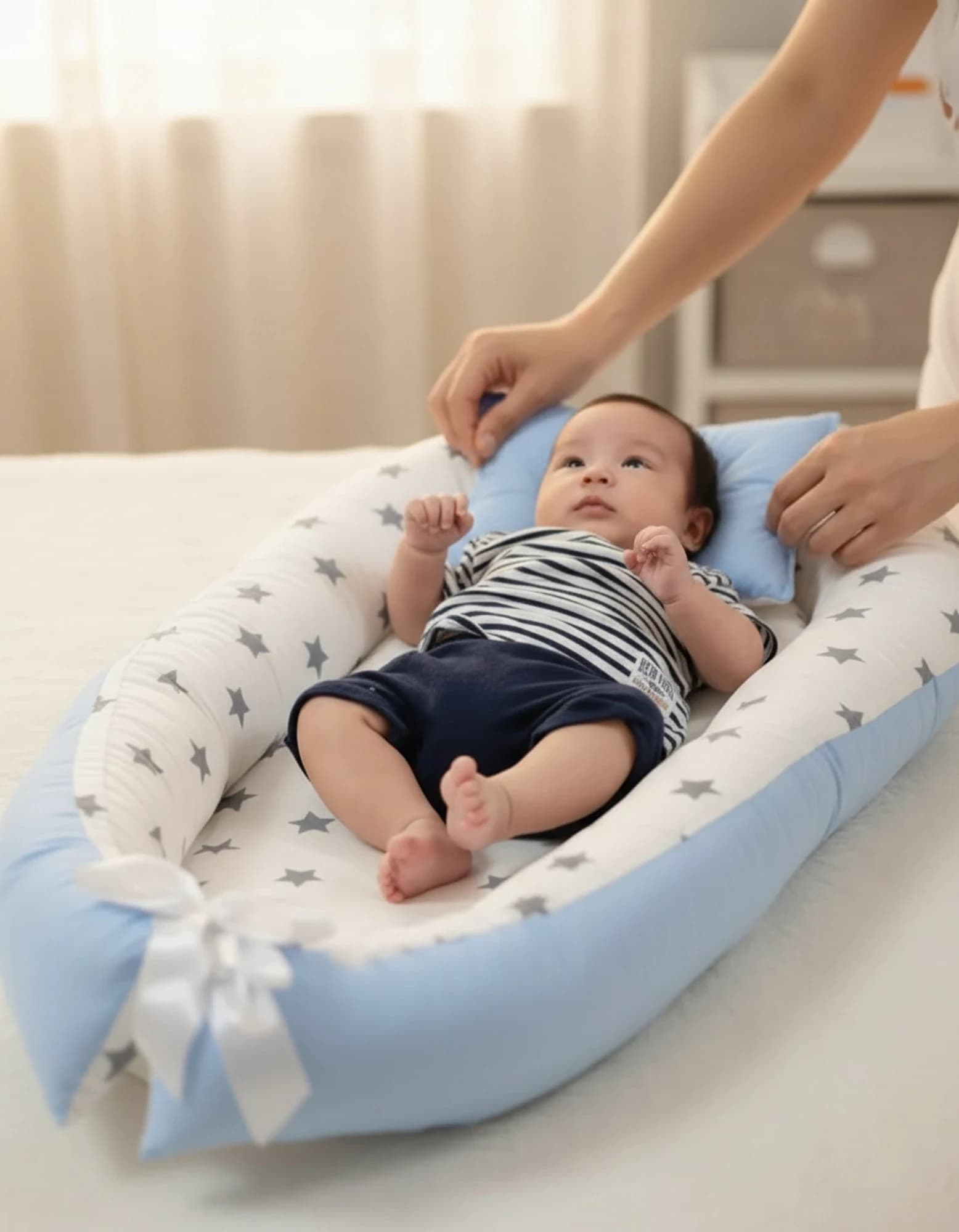 Bebek Yatak Ve Ortopedik Yastik Mavi ve gri yıldızlı