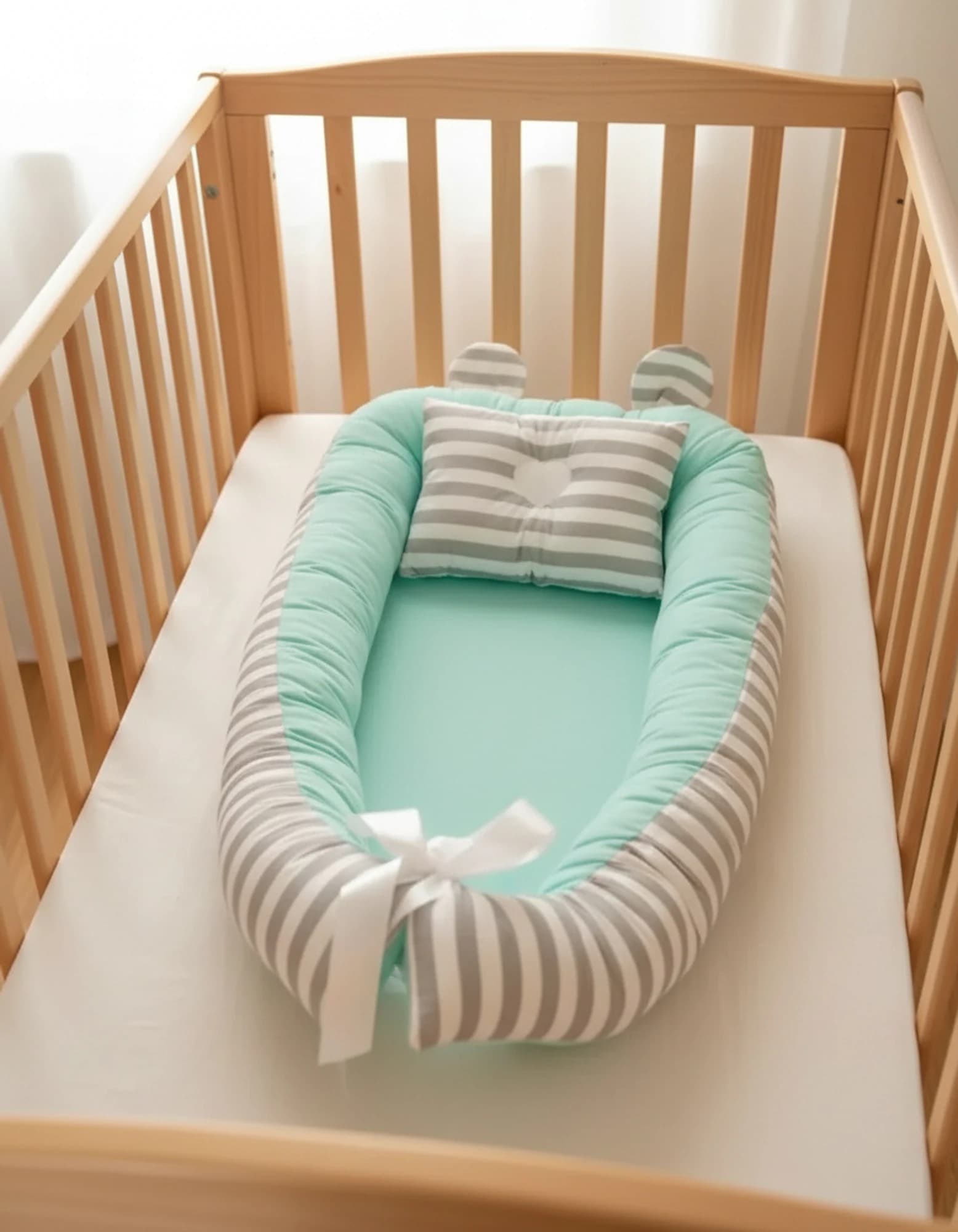 Yatak Ve Ortopedik Yastik Mint Ve Gri Cizgili BabyNest görsel 10