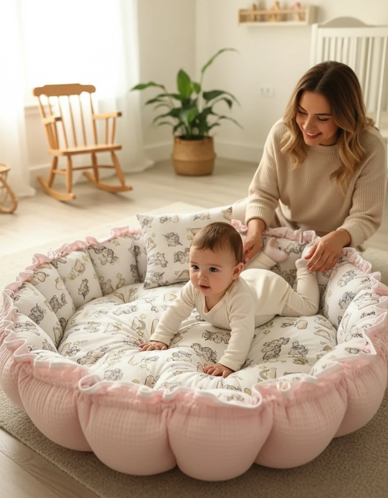 Yuvarlak oyun Minderi Ve Yastigi Pembe Ve Poplin Desenli Unicorn