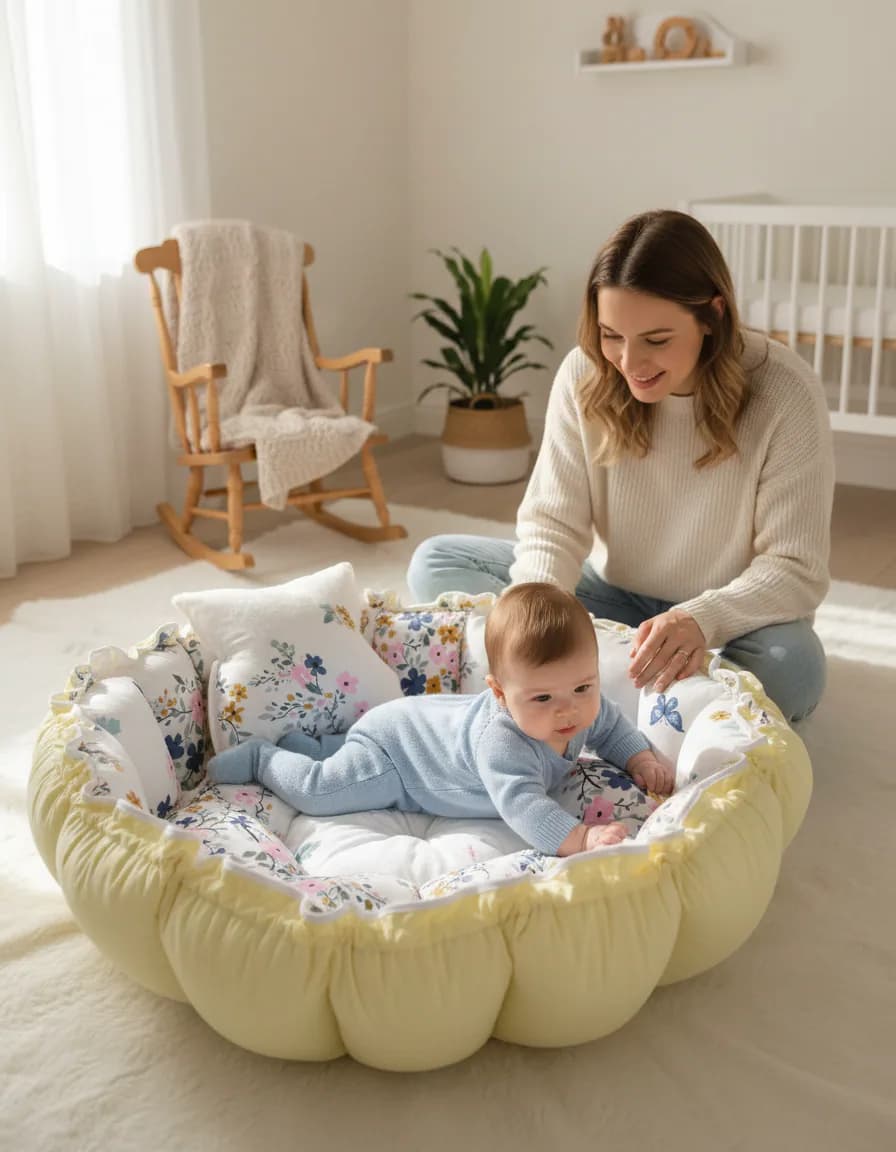 Sarı Çiçekli Yuvarlak Oyun Minderi ve Mini Yastık