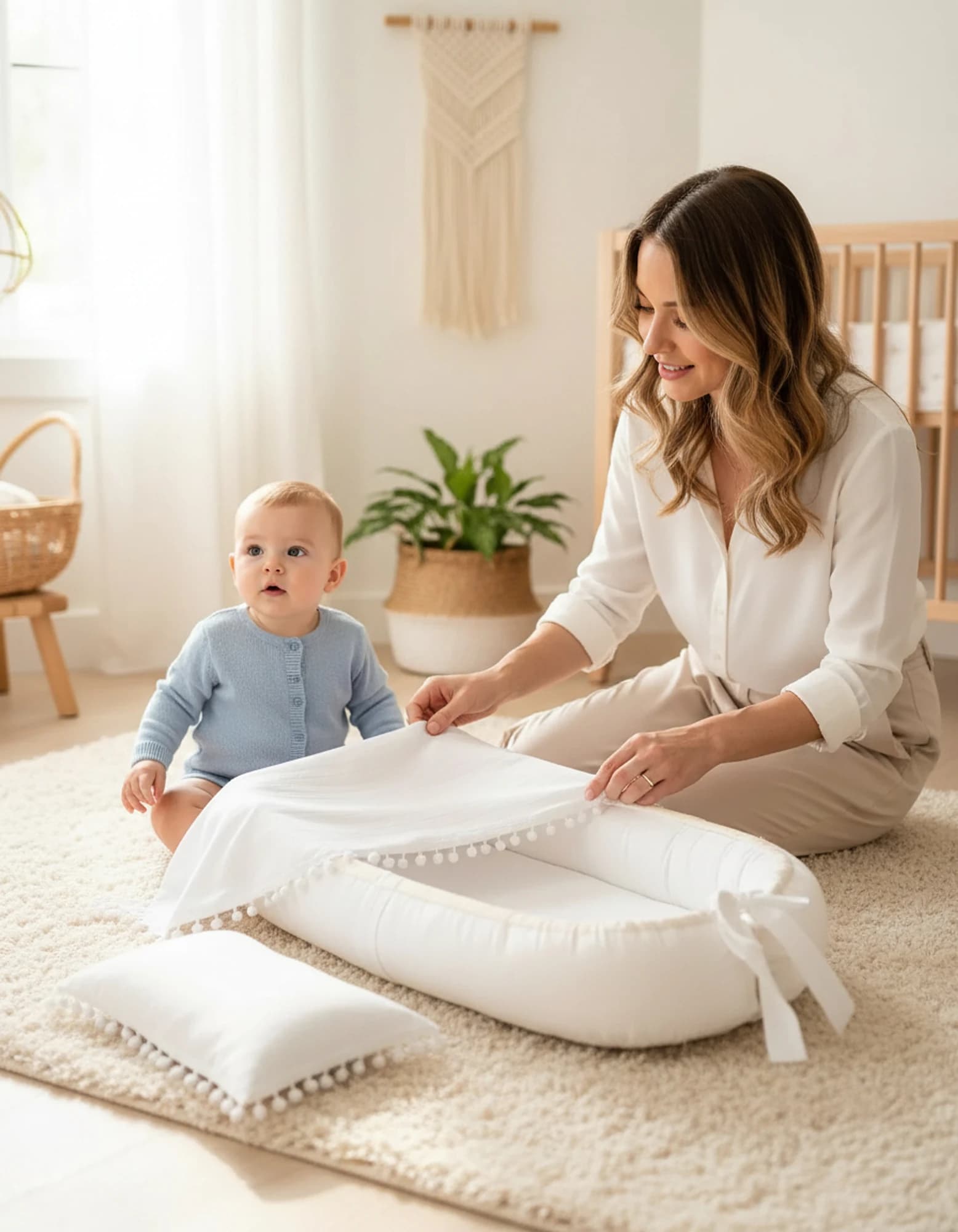Puset Ortusu/bebek Arabasi Ortusu %100 Pamuk Beyaz Muslin Ponponlu Ve Fermuarli BabyNest görsel 3