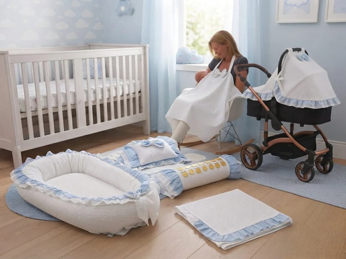 Full set 11 parça Mavi beyaz Fırfırlı babynest seti