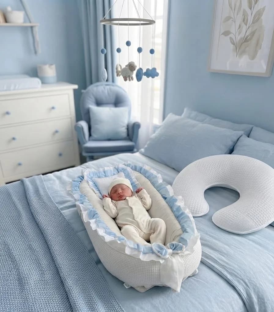 Full set 11 parça Mavi beyaz Fırfırlı babynest seti