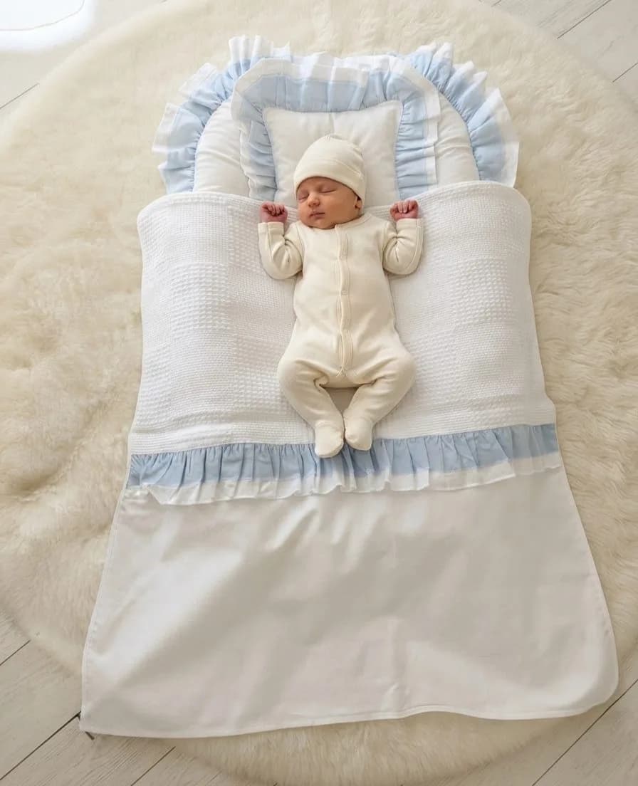 Full set 11 parça Mavi beyaz Fırfırlı babynest seti