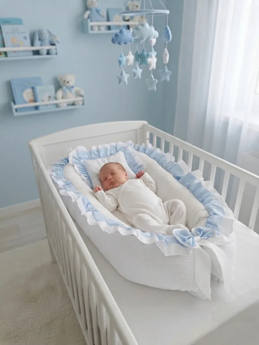 Full set 11 parça Mavi beyaz Fırfırlı babynest seti