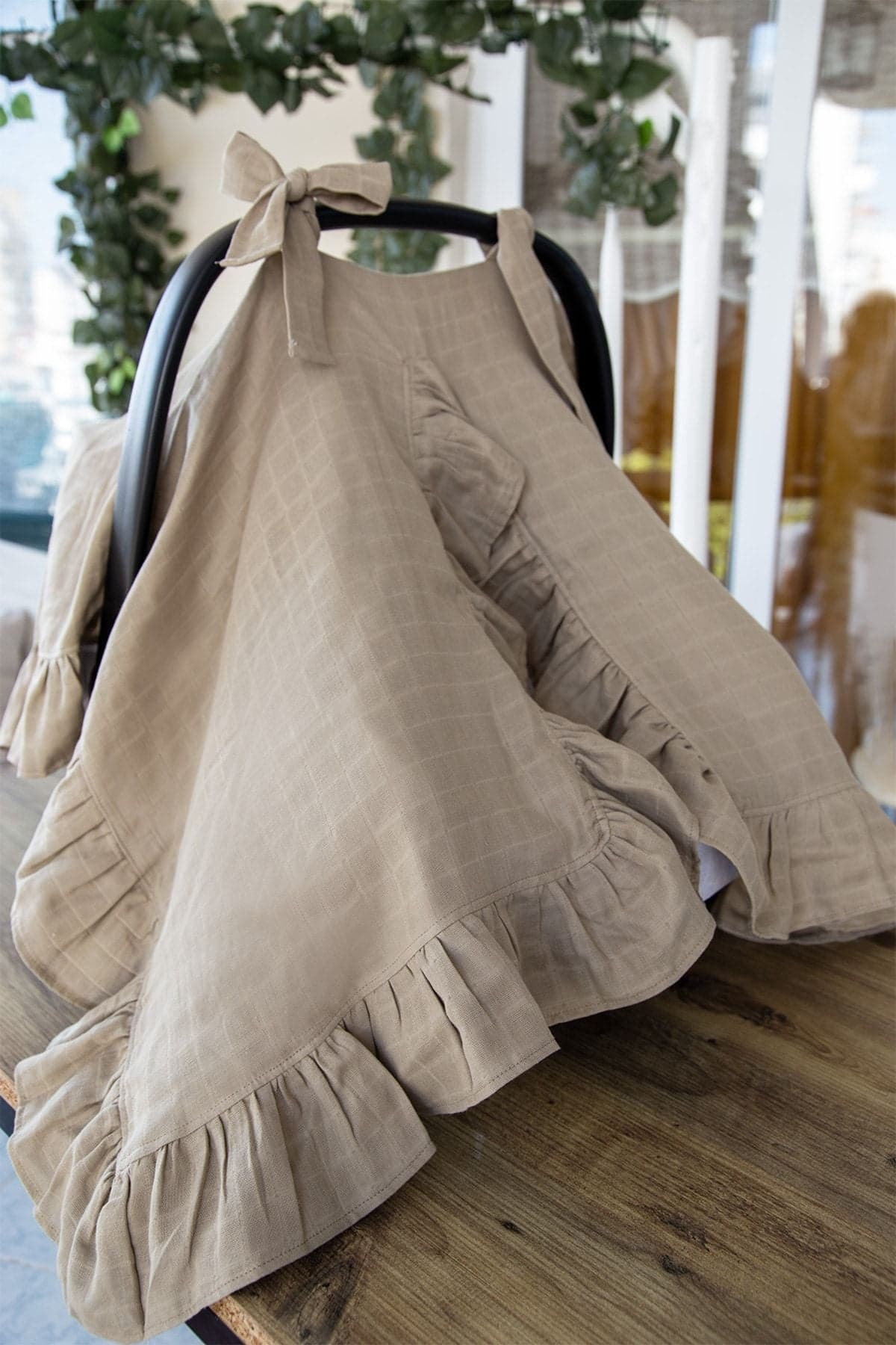 Puset Ortusu/Bebek Arabasi Ortusu %100 Pamuk Muslin Bej Firfirli