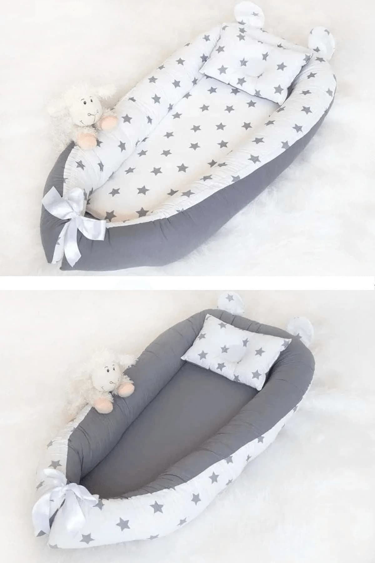 Bebek Yatak Ve Ortopedik Yastik Gri zemin ve gri yıldızlı BabyNest