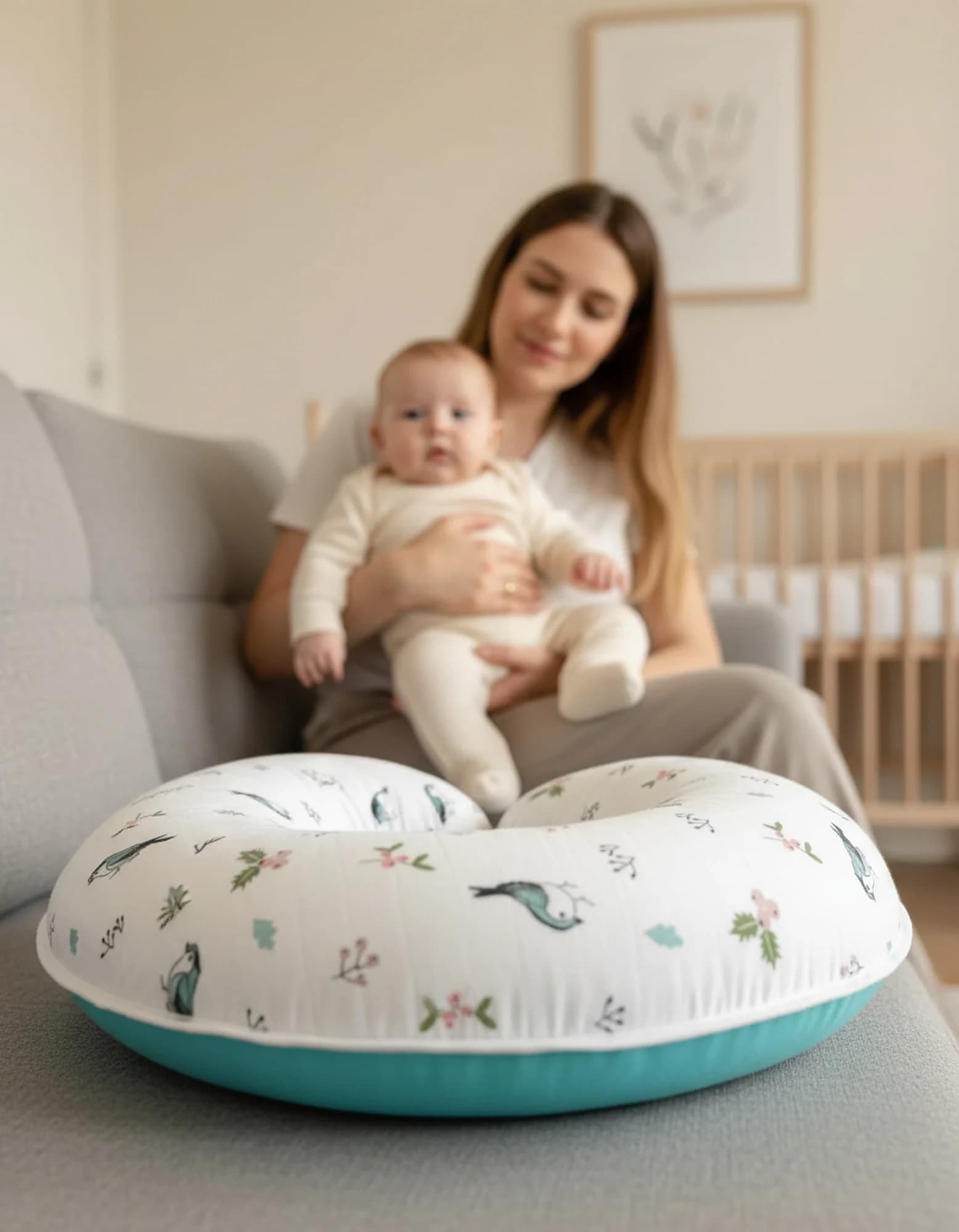 Emzirme Yastigi Ve Destek Minderi Muslin Kus Desen Ve Turkuaz Poplin(beyaz Biyeli)