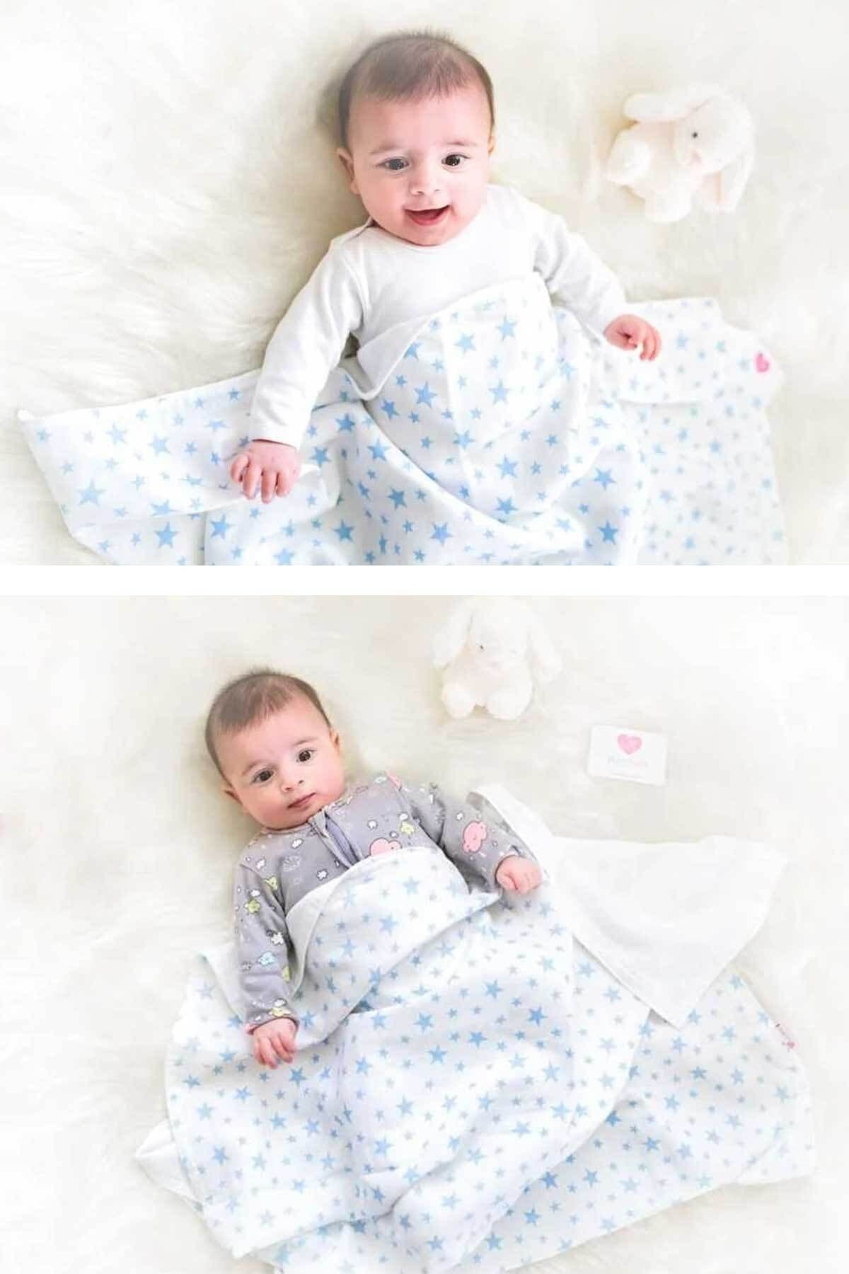 Muslin Ortu Cift Katli Mavi Yildiz Desen Ve Duz Beyaz