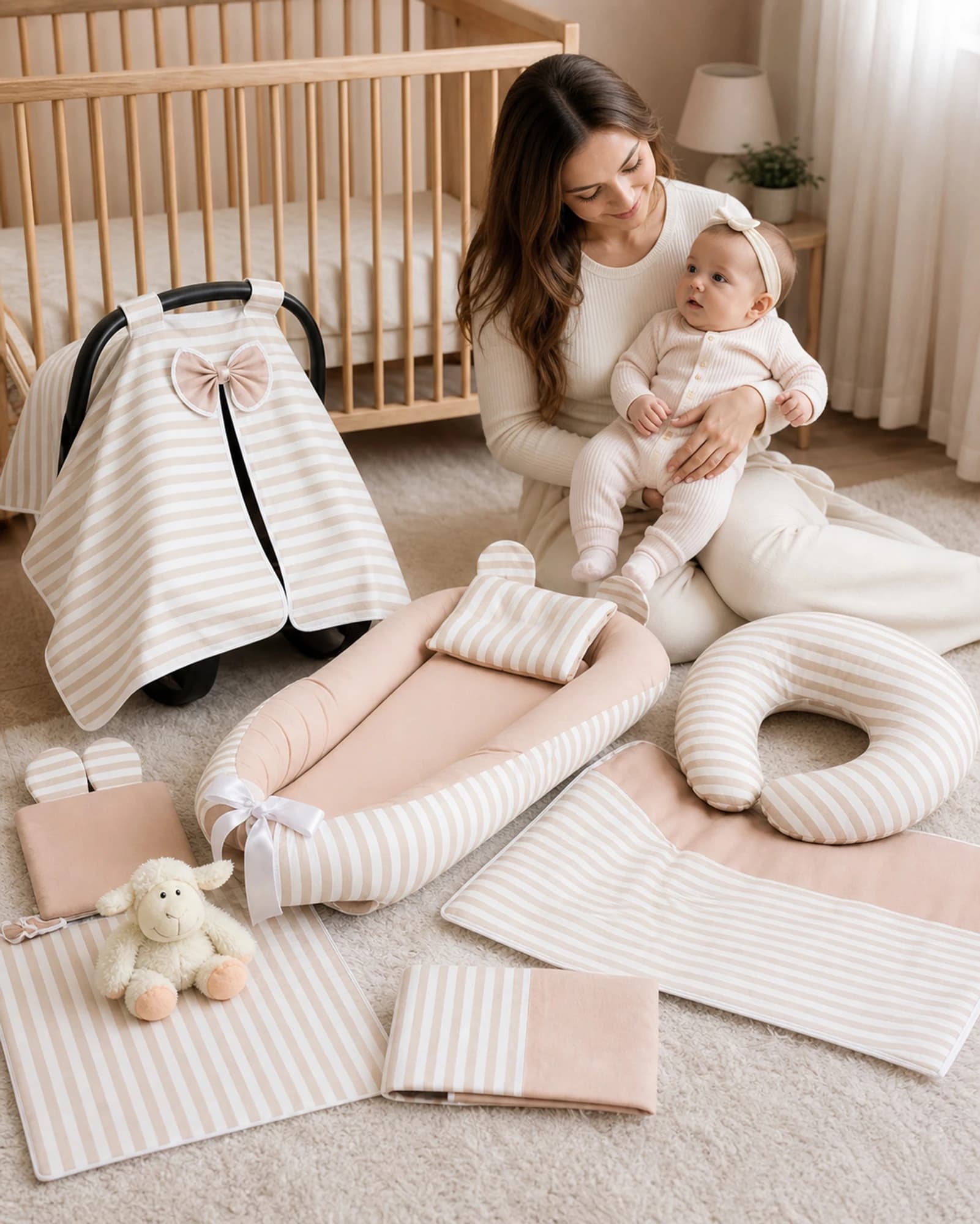 Full Set 9 Parca Bebek Ihtiyac Seti Bej Ve Krem Cizgili BabyNest görsel 13