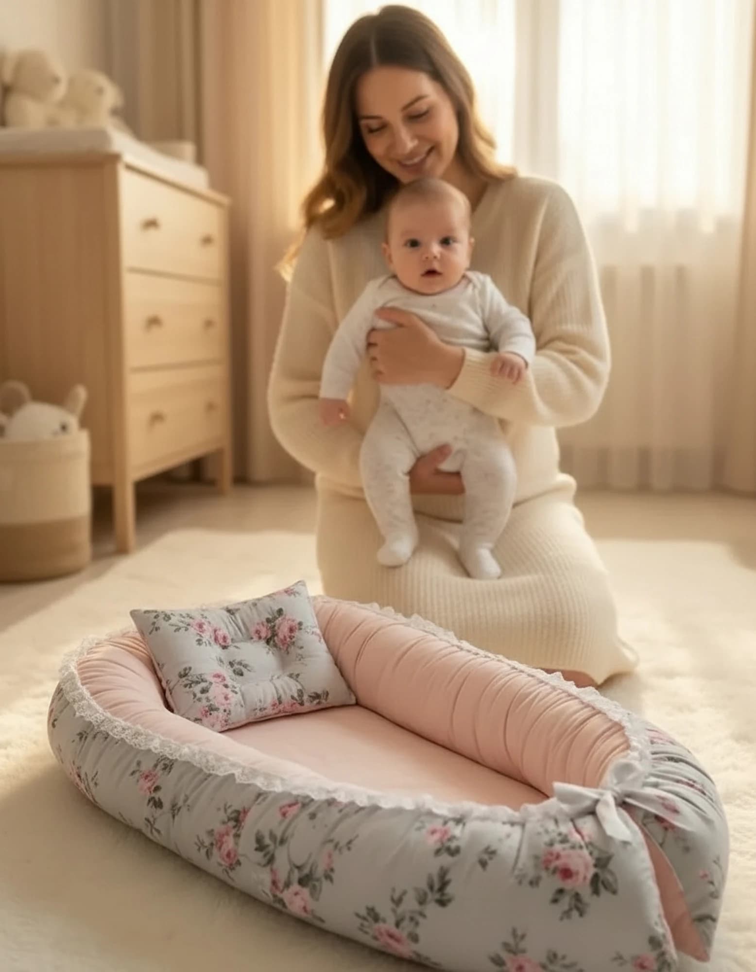 Gülbahçesi Desenli Baby Nest Yenidoğan Bebek Yatağı – Ultra Yumuşak, Güvenli, Taşınabilir Anne Kucağı Yatağı