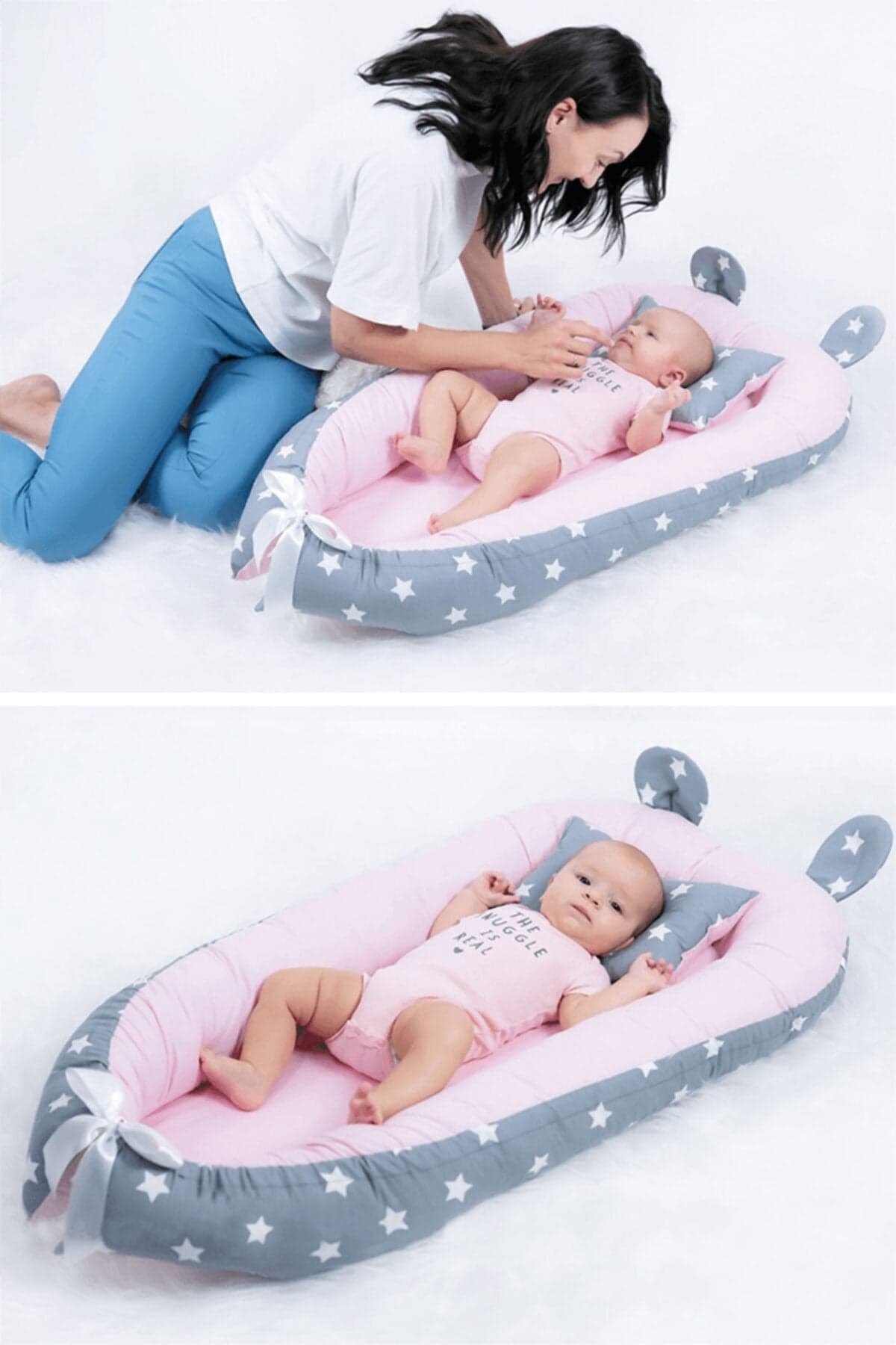 Yatak Ve Ortopedik Yastik Gri Yildiz Ve Pembe