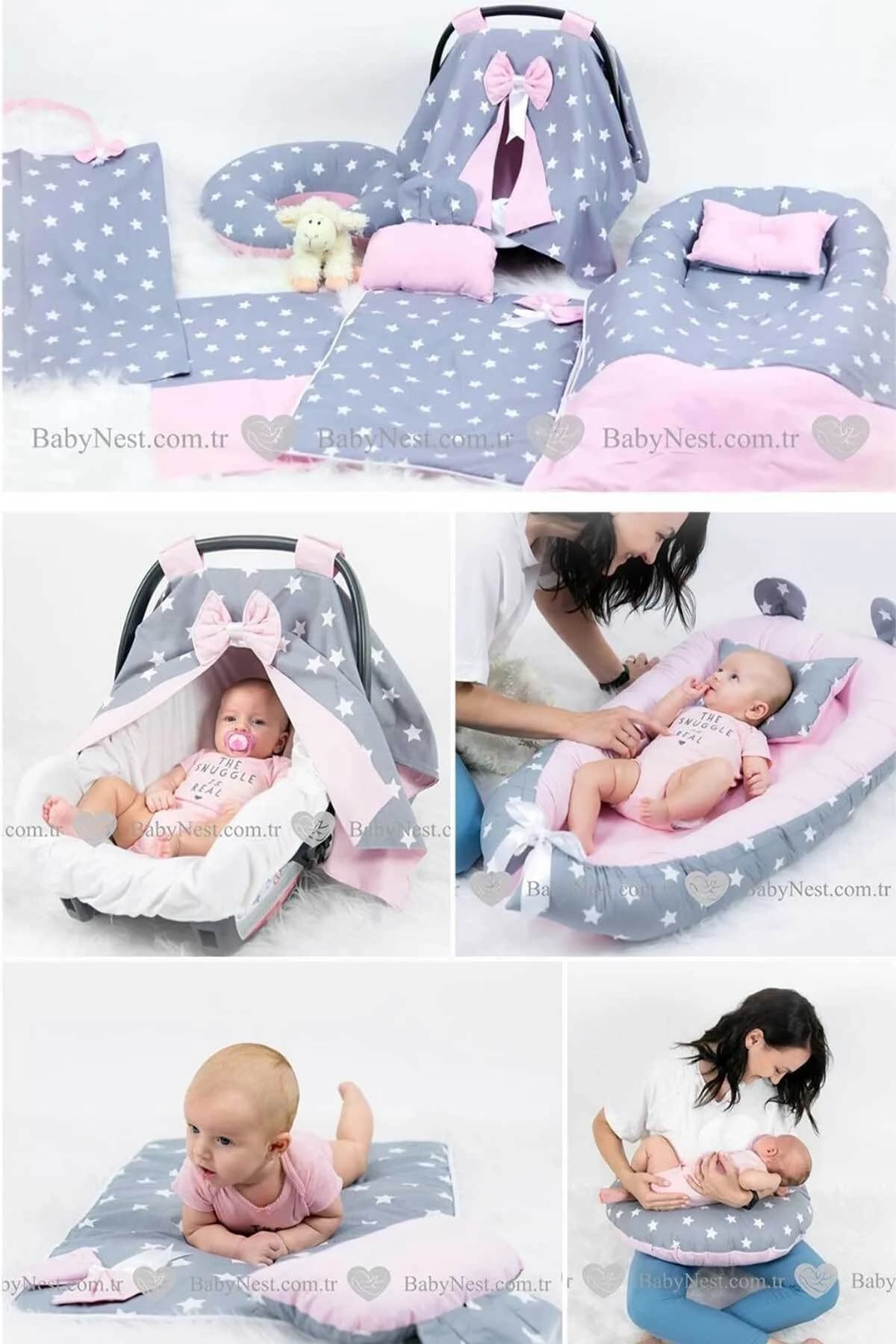 Full Set 9 Parca Ihtiyac Urunleri Pembe Ve Gri Yildiz