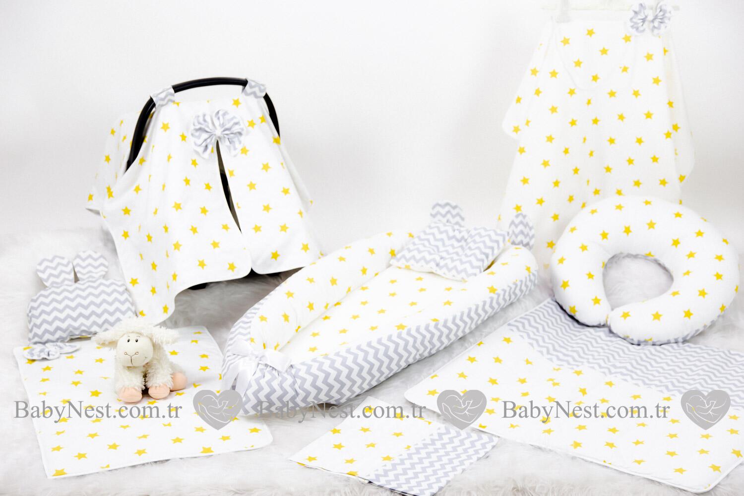 Babynest Full Seti Büyük Sarı Yıldız Ve Gri Zikzak